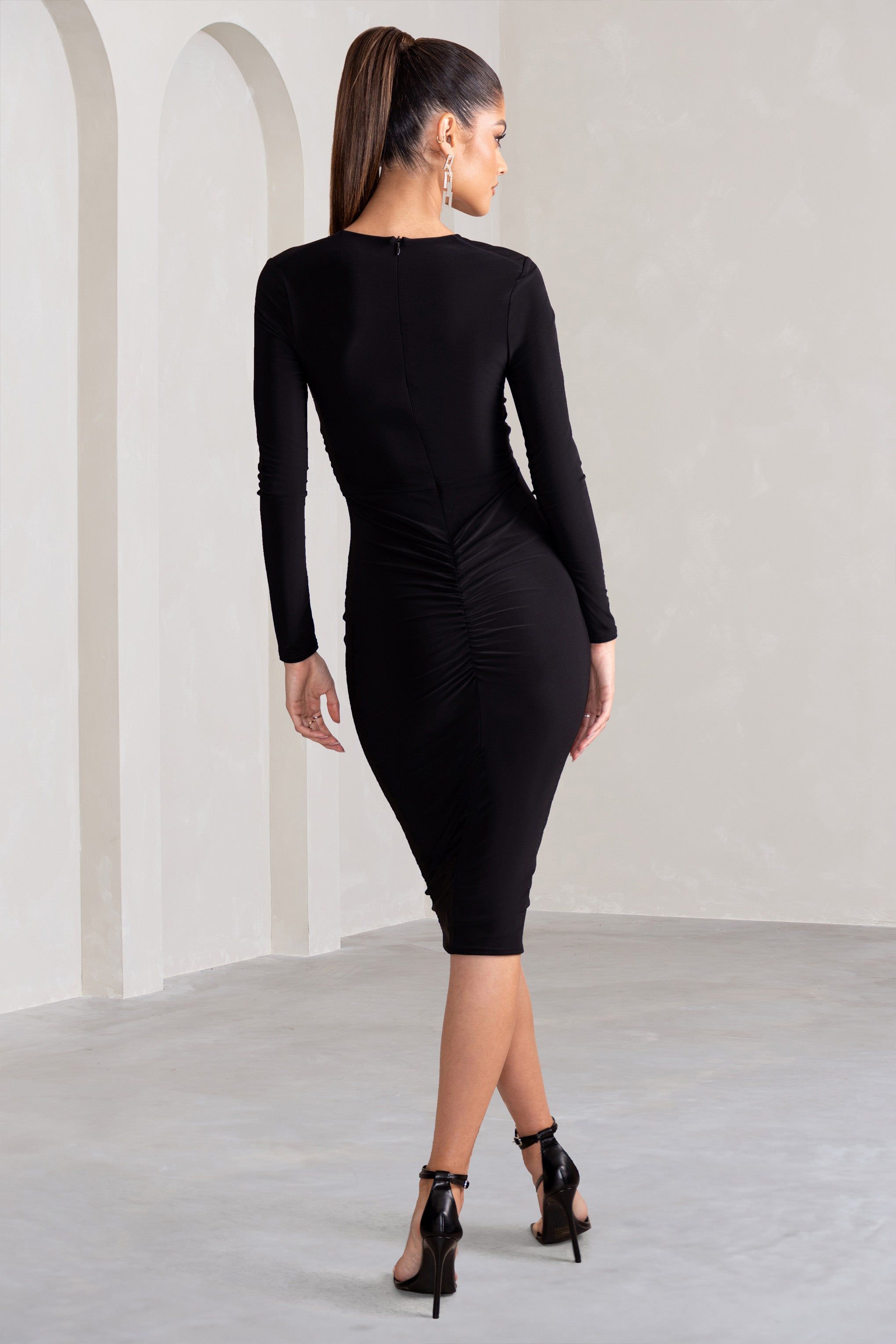 Julieta | Black Plunge Neck Long Sleeve Ruched Midi Dress With Cut Out Detail sold by Club L London product image thumbnail 2