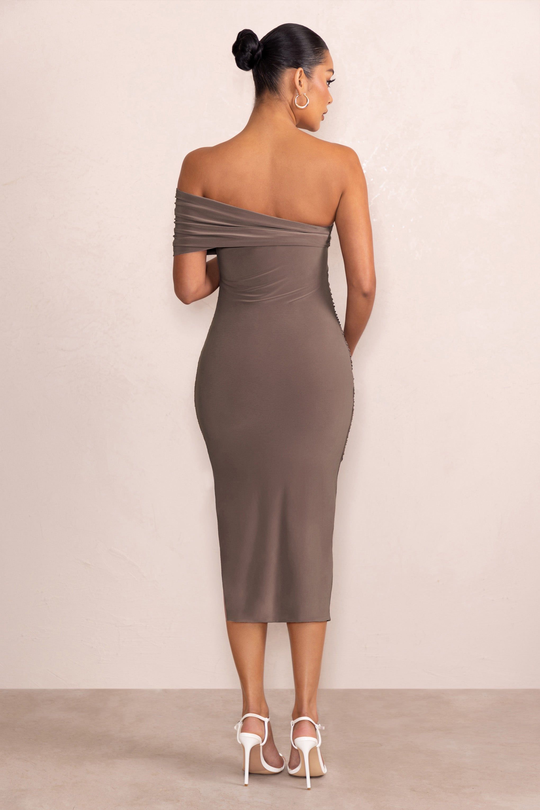 Odelia | Mocha Maternity Midi Dress with Asymmetric Sleeve and Side Split sold by Club L London product image thumbnail 2