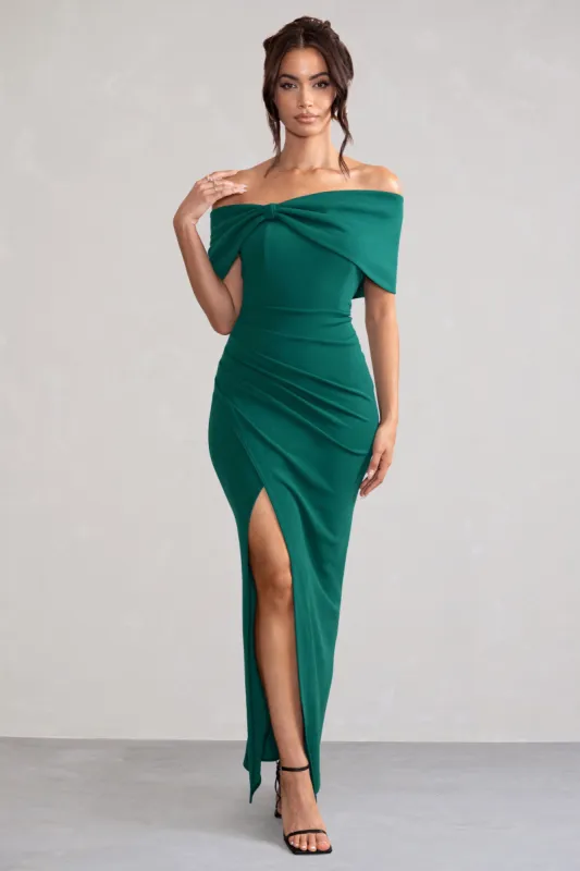 Eva | Green Bardot Bow Detail Maxi Dress With Thigh Split sold by Club L London