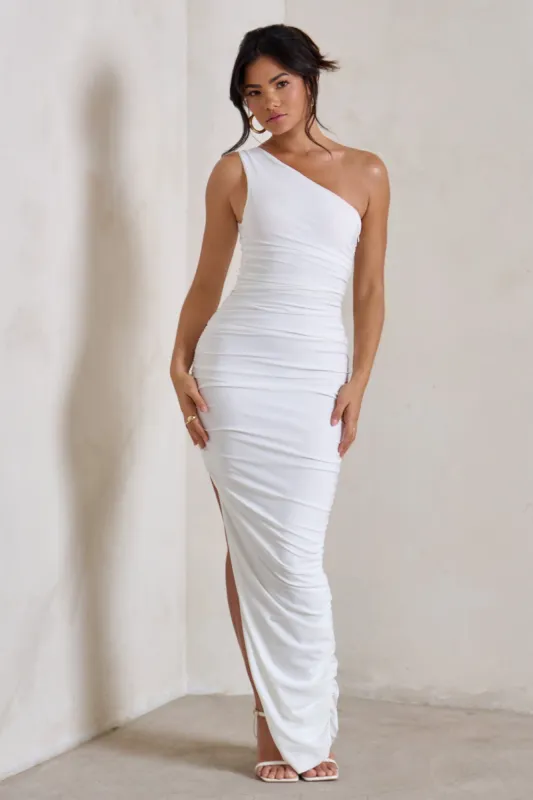 Persia | White One Shoulder Side Split Ruched Maxi Dress sold by Club L London