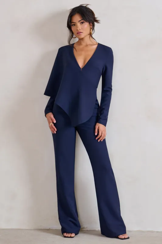 Erika | Navy Plunge Jumpsuit with One-Shoulder Cape Overlay sold by Club L London