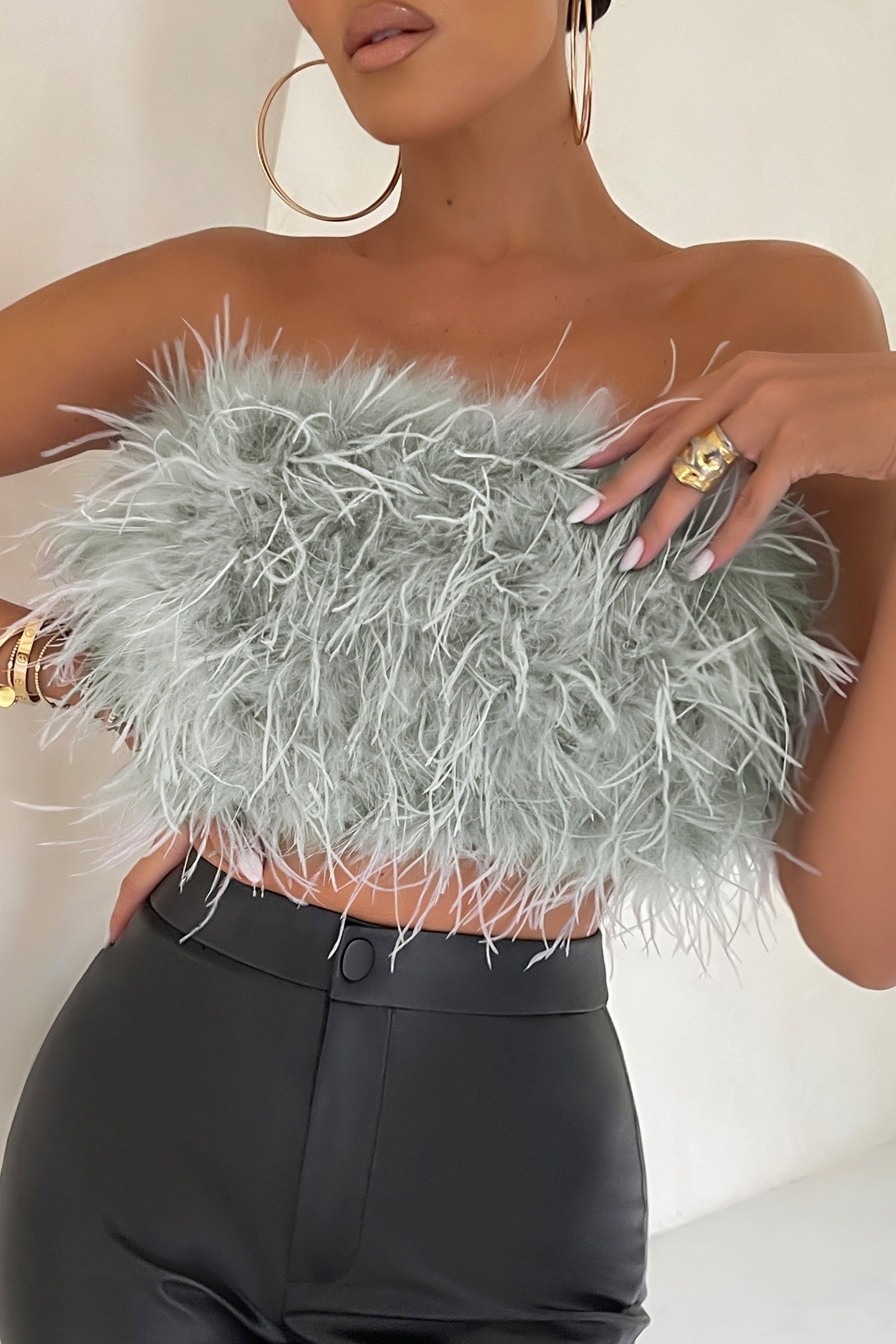 Dream Daze | Gray Feather Bandeau Crop Top sold by Club L London product image thumbnail 3