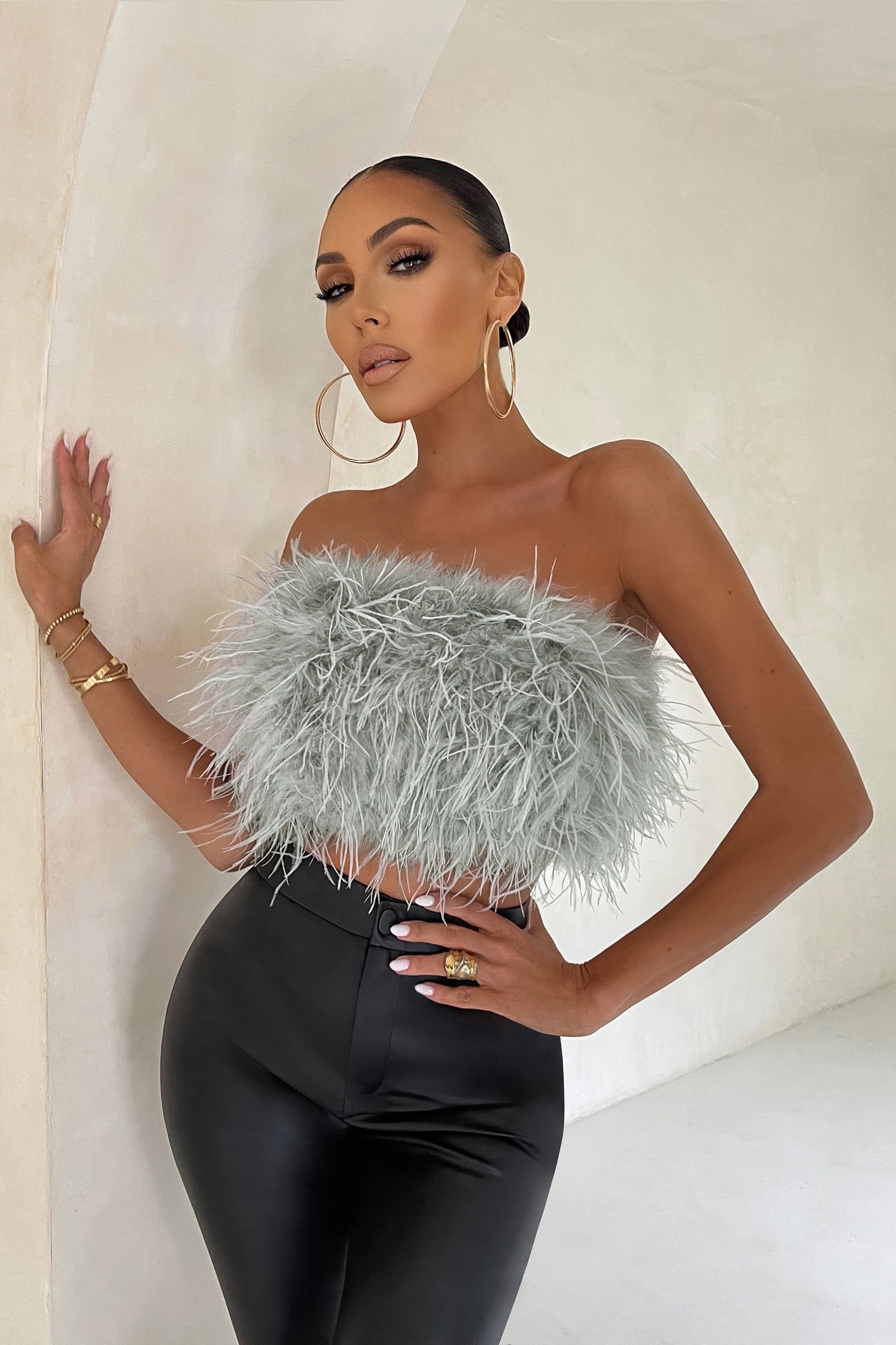 Dream Daze | Gray Feather Bandeau Crop Top sold by Club L London