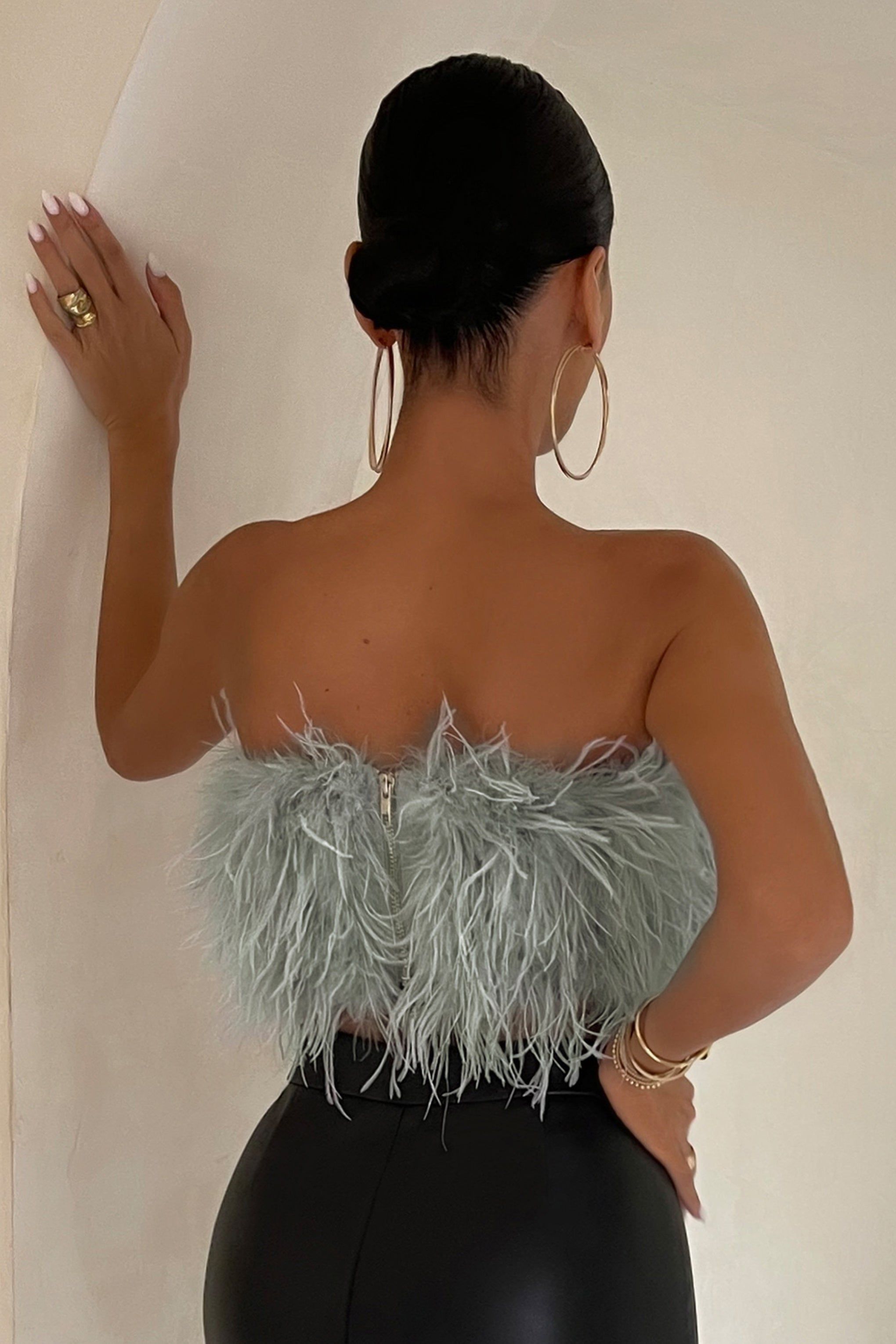 Dream Daze | Gray Feather Bandeau Crop Top sold by Club L London product image thumbnail 2