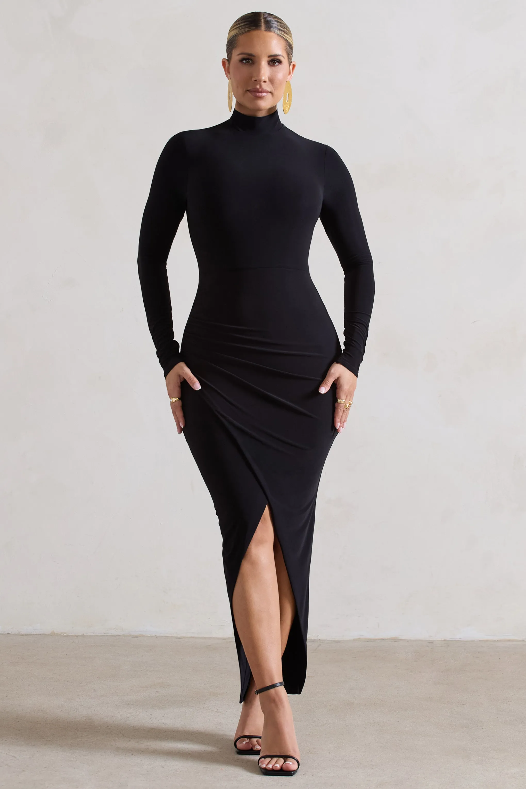 Soha | Black High-Neck Wrap Midi Dress sold by Club L London