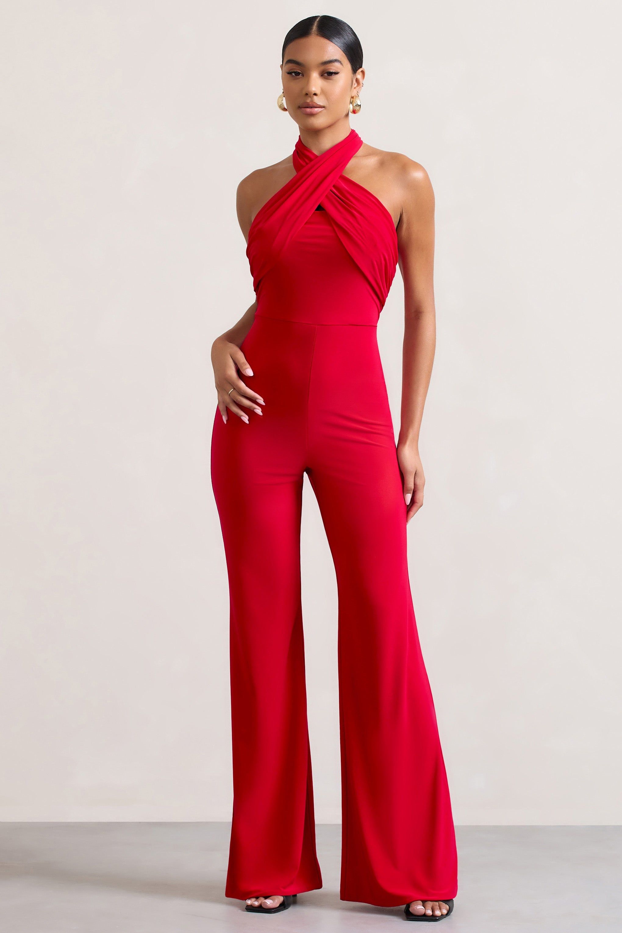 Goddess | Red Halter Neck Flare Jumpsuit sold by Club L London product image thumbnail 4