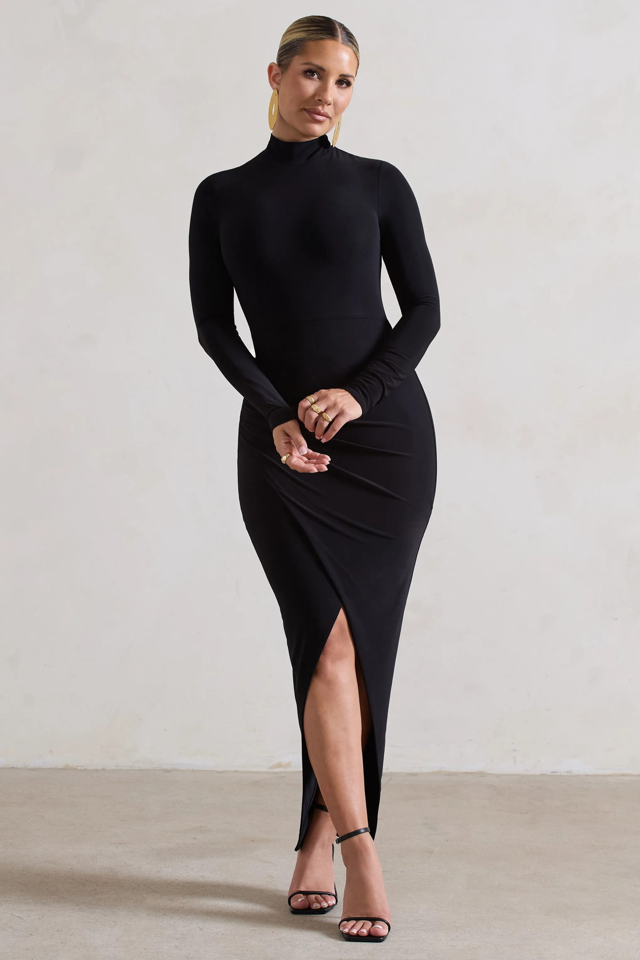 Soha | Black High-Neck Wrap Midi Dress sold by Club L London product image thumbnail 4