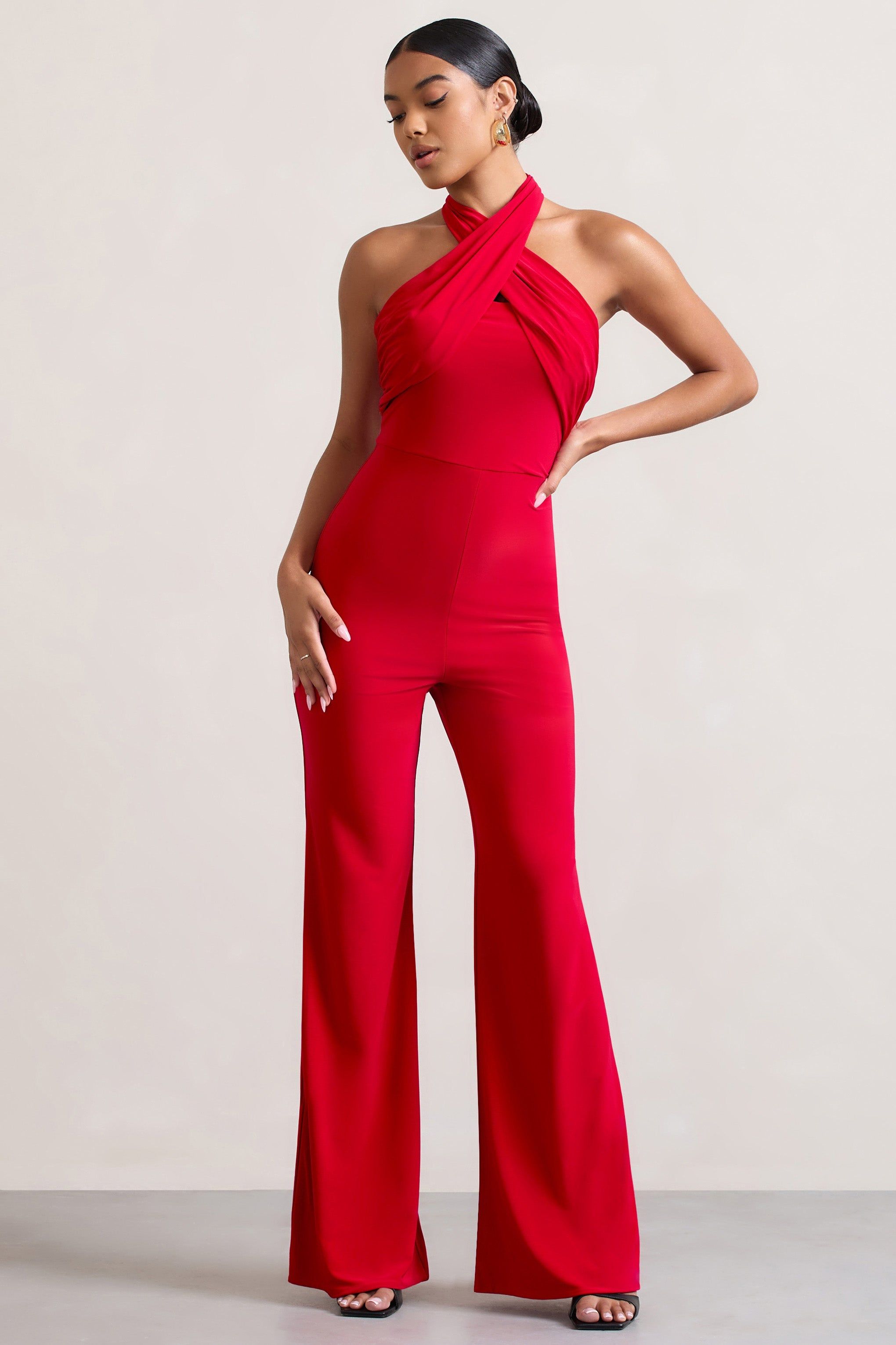 Goddess | Red Halter Neck Flare Jumpsuit sold by Club L London product image thumbnail 5
