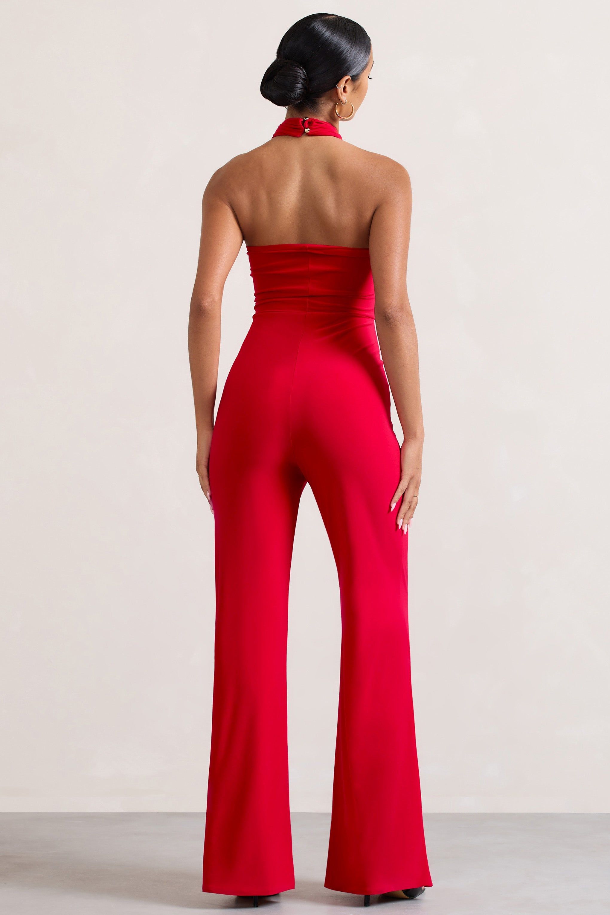 Goddess | Red Halter Neck Flare Jumpsuit sold by Club L London product image thumbnail 2