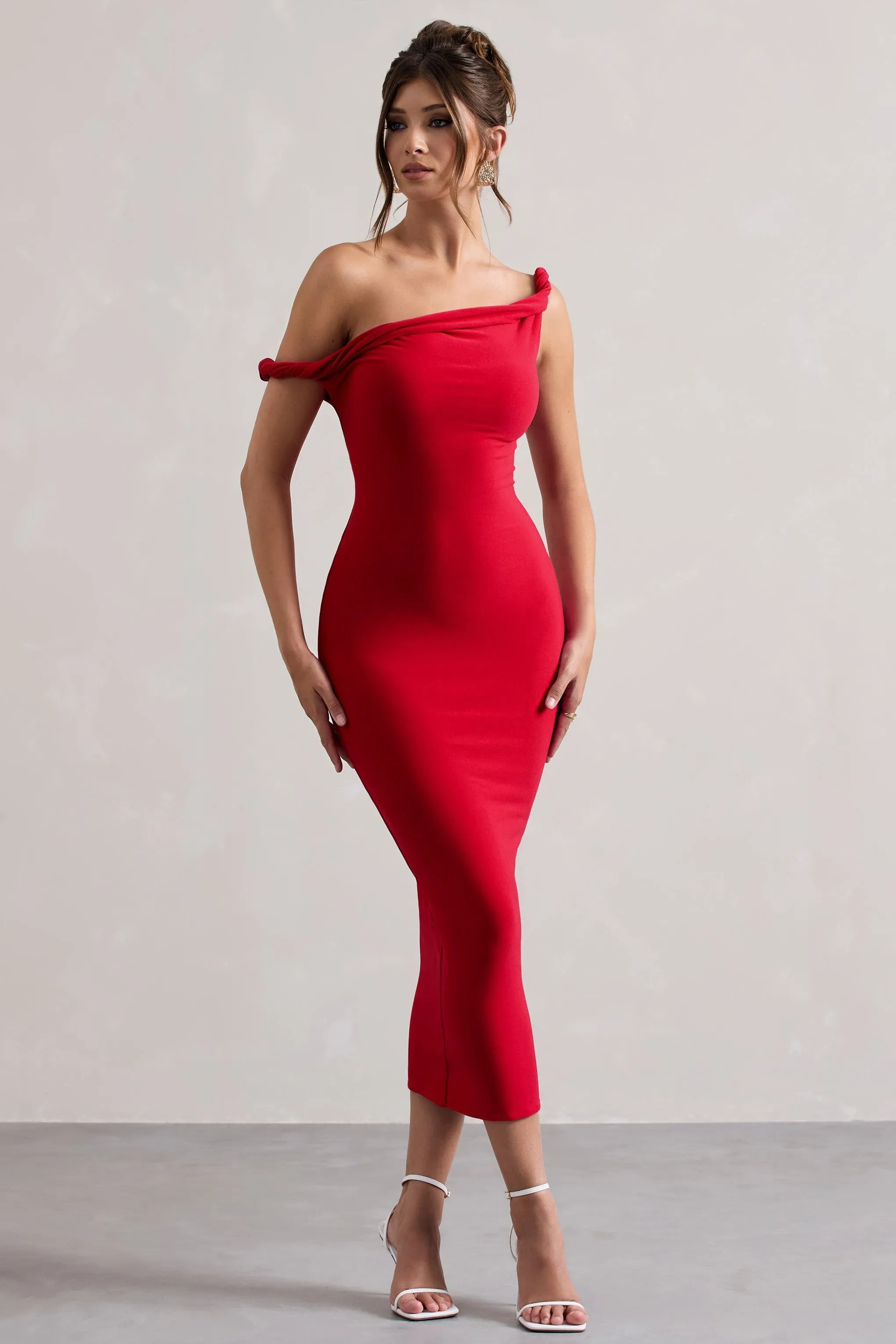 Salome | Red Twisted Asymmetric Midi Dress | Parallel