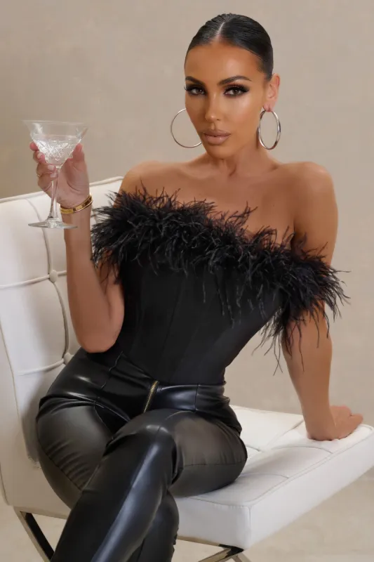 All About You | Black Feather Bandeau Corset Top sold by Club L London