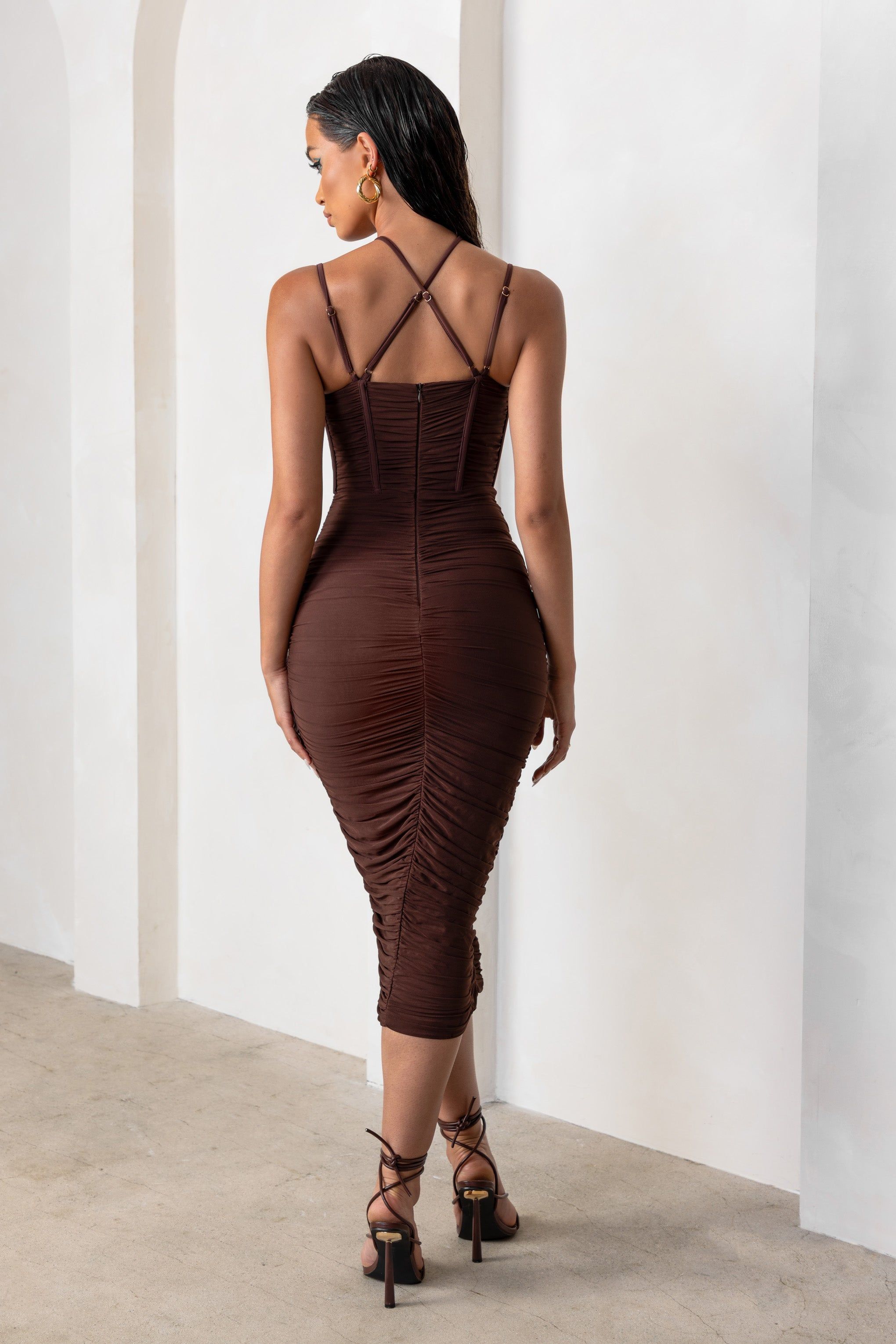 Liveliness | Mocha Halter Neck Midi Dress With Mesh Overlay sold by Club L London product image thumbnail 2