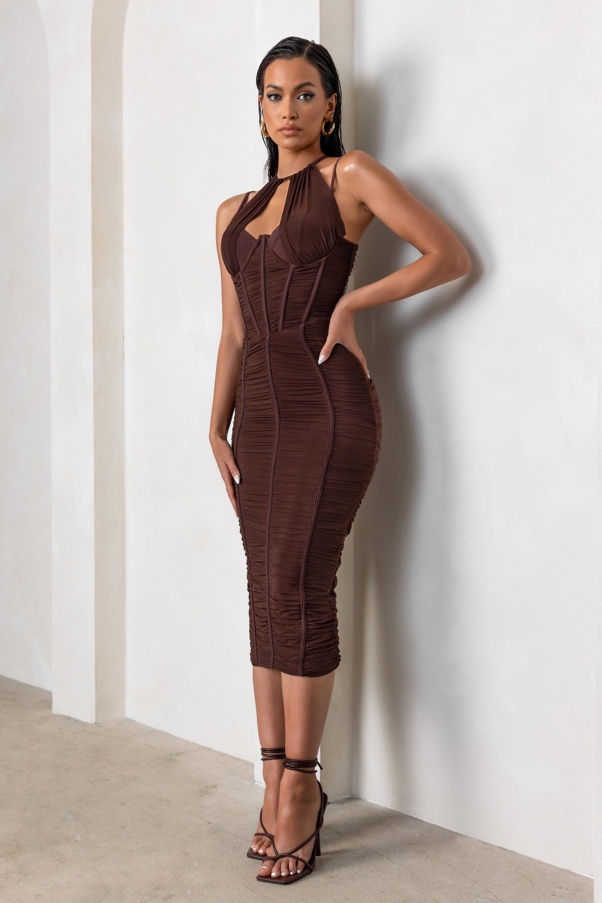 Liveliness | Mocha Halter Neck Midi Dress With Mesh Overlay sold by Club L London product image thumbnail 4