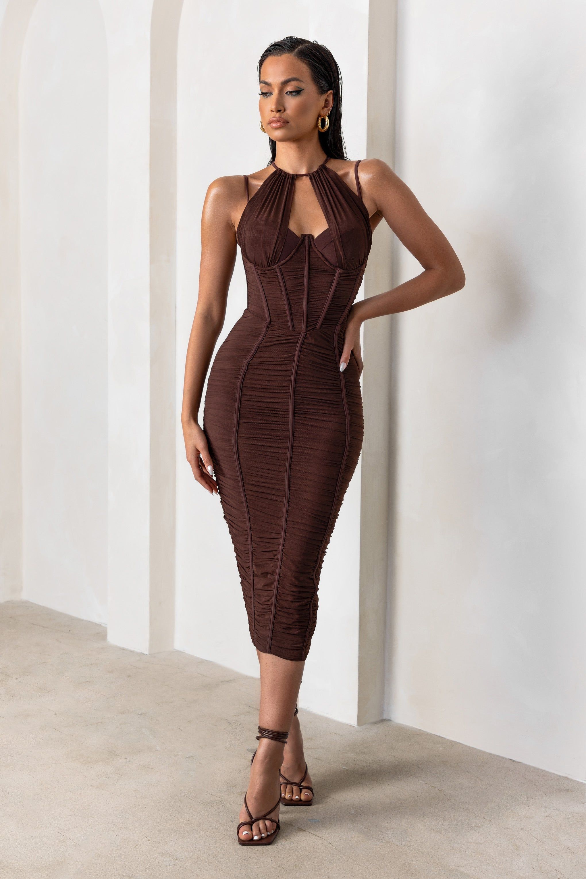 Liveliness | Mocha Halter Neck Midi Dress With Mesh Overlay sold by Club L London