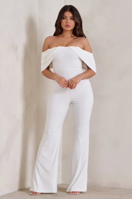 Bonnie | White Bardot Drape Sleeve Jumpsuit sold by Club L London
