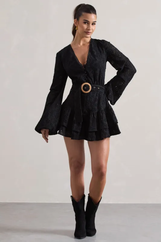 Places To Be | Black Broderie Belted Ruffled Playsuit sold by Club L London