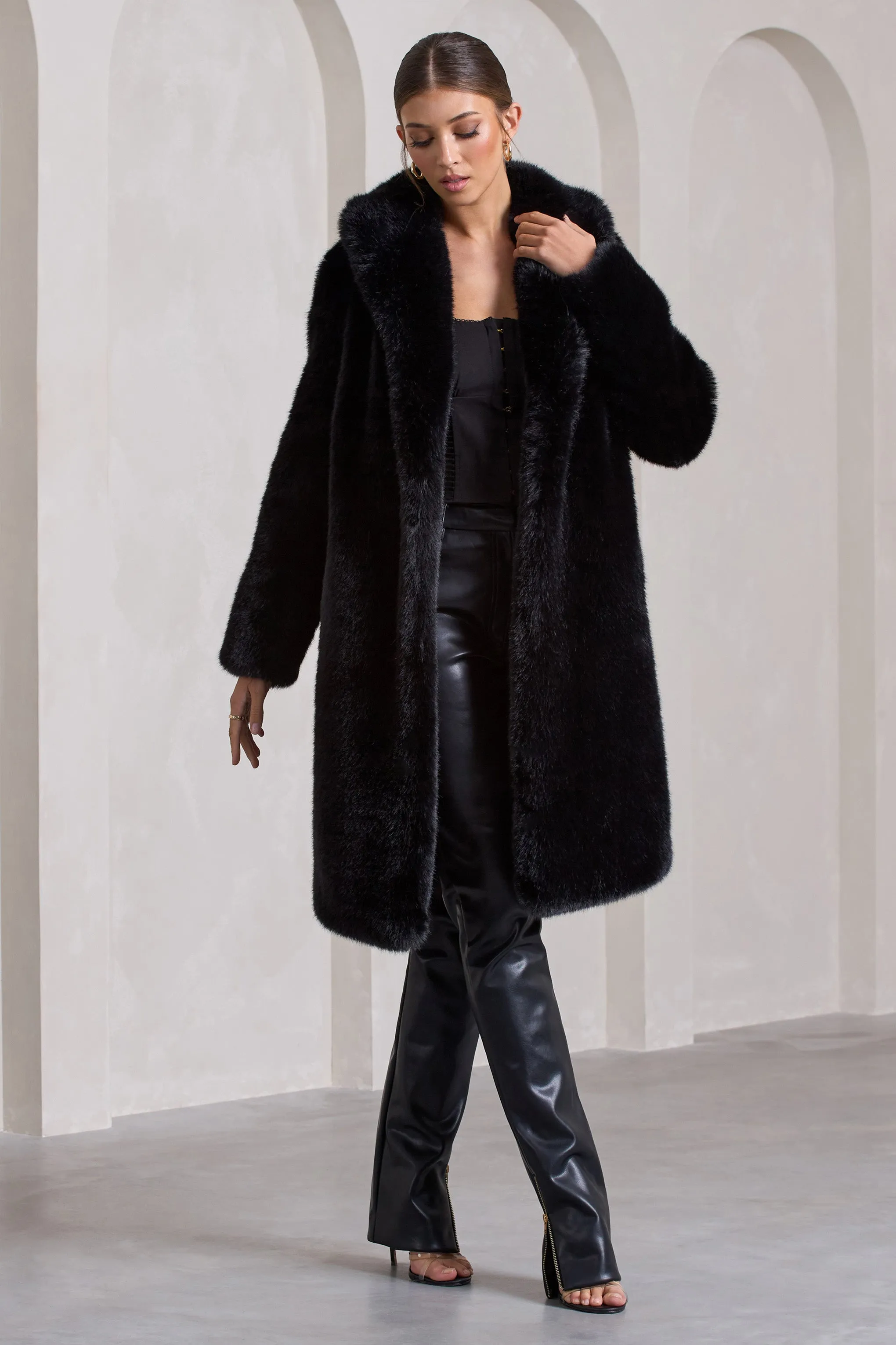 Slopeside | Black Long Belted Faux Fur Coat sold by Club L London product image thumbnail 4