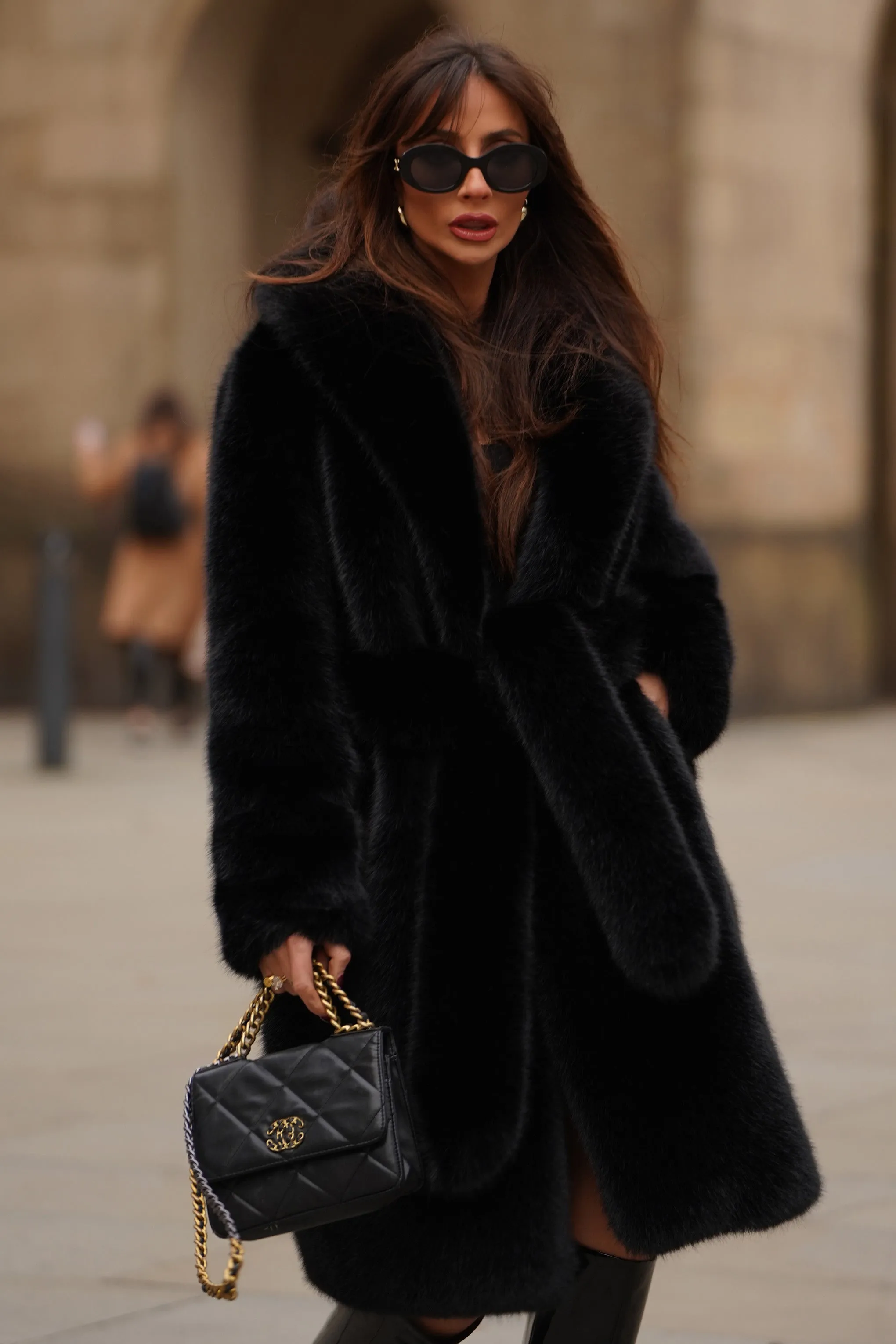 Slopeside | Black Long Belted Faux Fur Coat sold by Club L London product image thumbnail 3