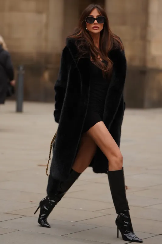 Slopeside | Black Long Belted Faux Fur Coat sold by Club L London