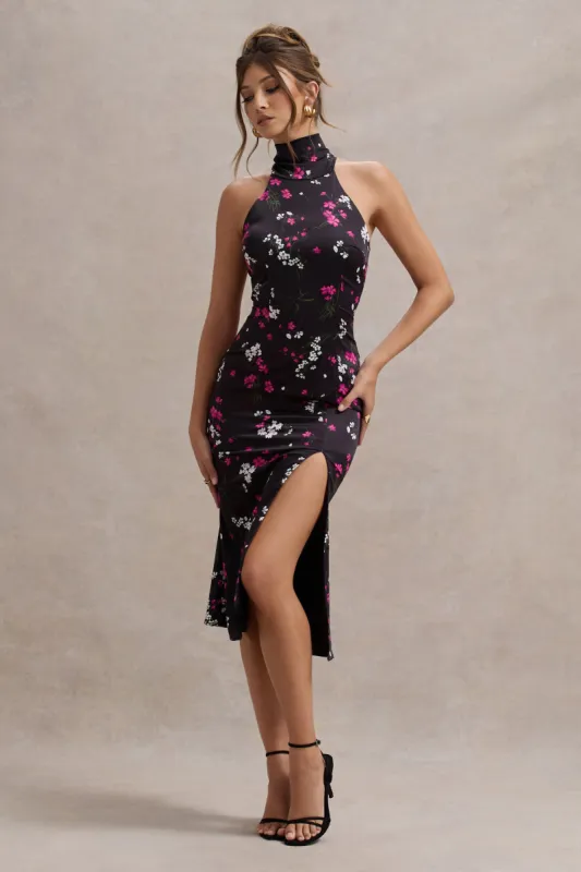Violette | Black Ditsy Floral Print Satin High-Neck Split Midi Dress sold by Club L London