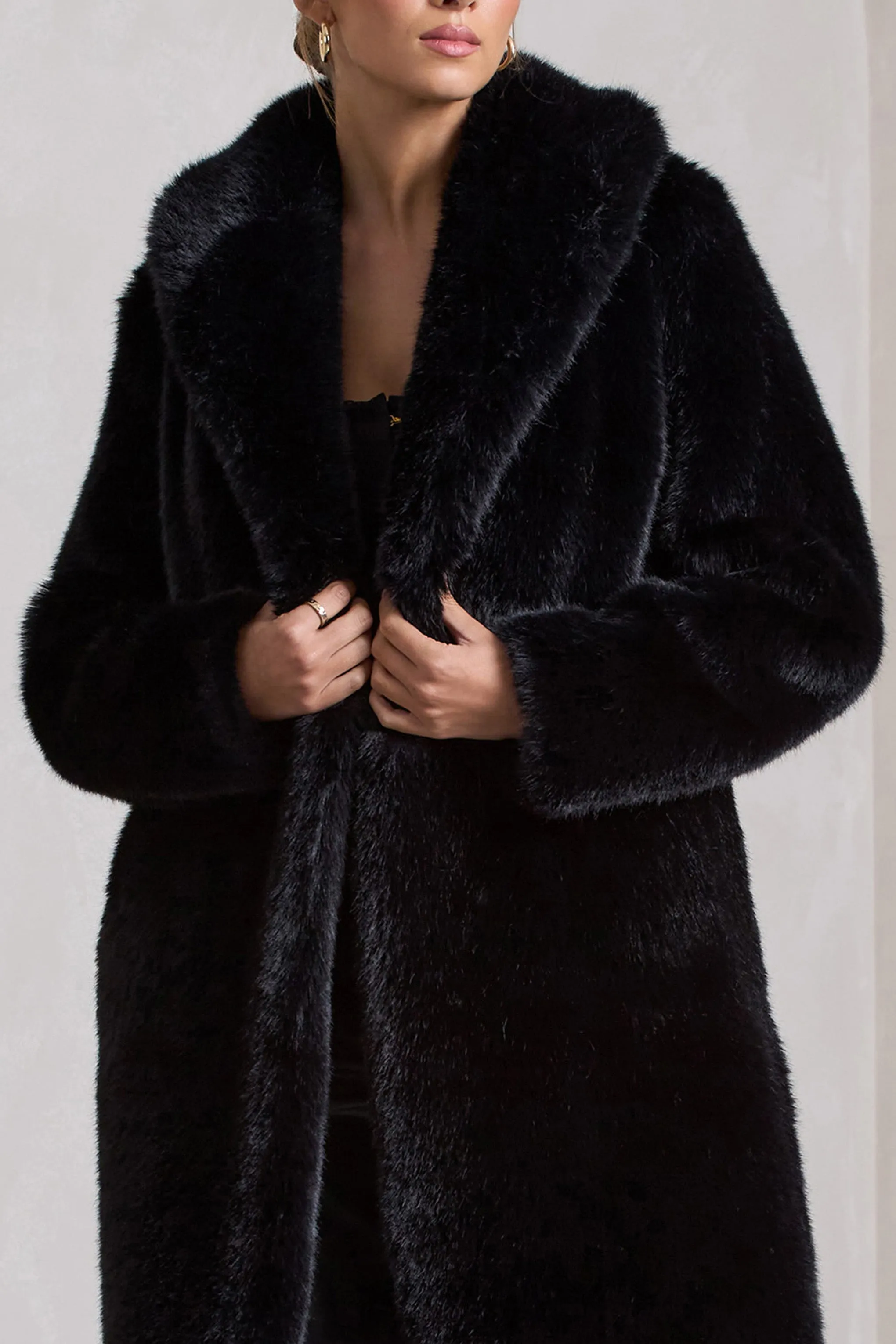 Slopeside | Black Long Belted Faux Fur Coat sold by Club L London product image thumbnail 5
