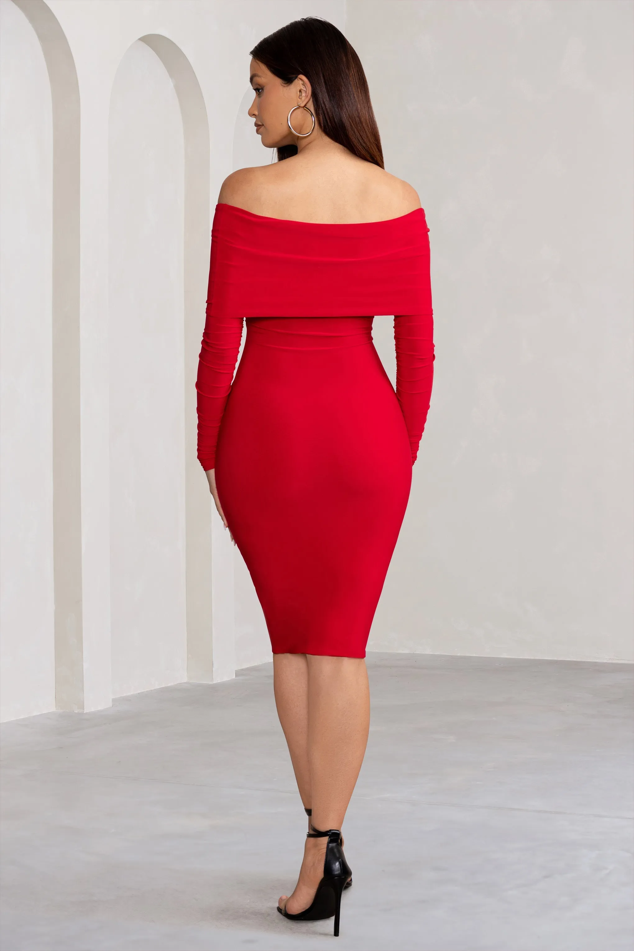 Flatter Me | Red Twist Front Bardot Midi Dress sold by Club L London product image thumbnail 2