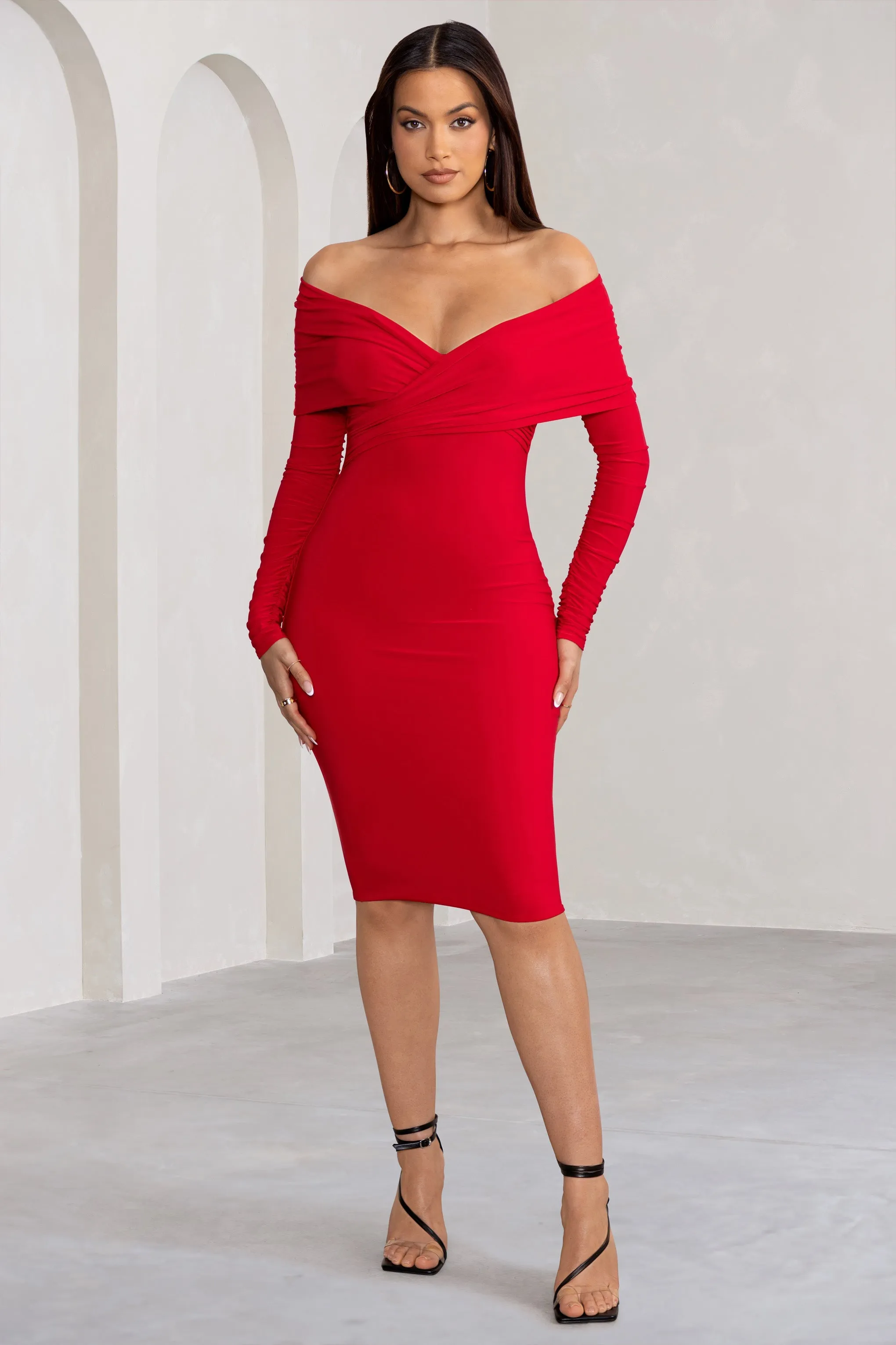Flatter Me | Red Twist Front Bardot Midi Dress sold by Club L London product image thumbnail 5