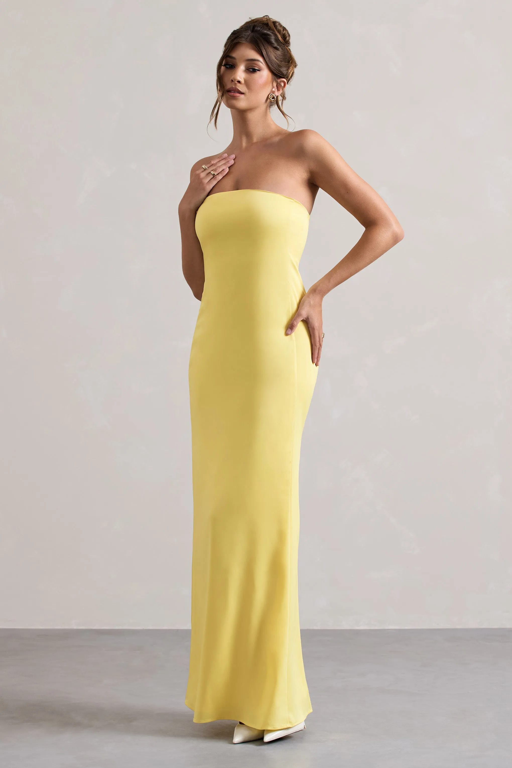Azra | Lemon Satin Bandeau Maxi Dress sold by Club L London product image thumbnail 4