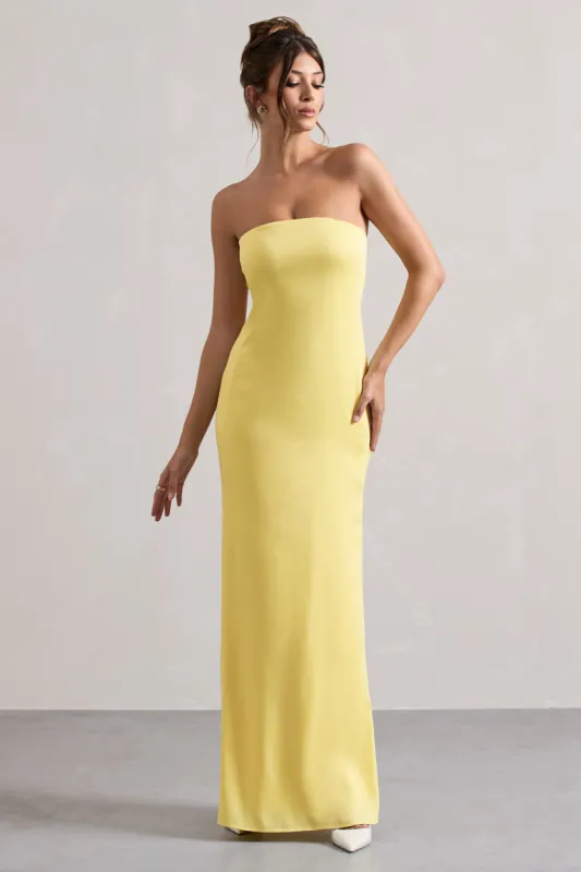 Azra | Lemon Satin Bandeau Maxi Dress sold by Club L London