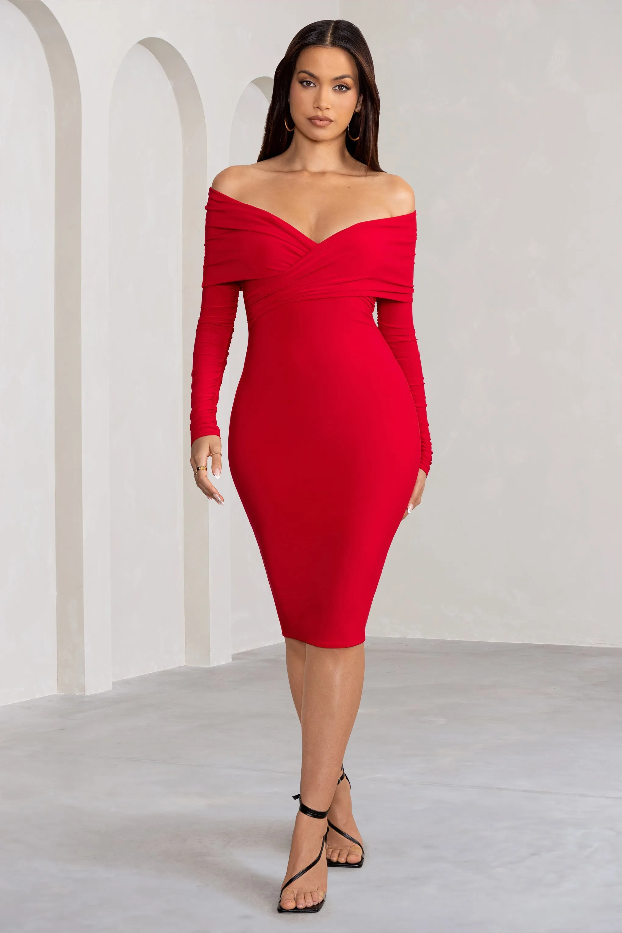 Flatter Me | Red Twist Front Bardot Midi Dress sold by Club L London