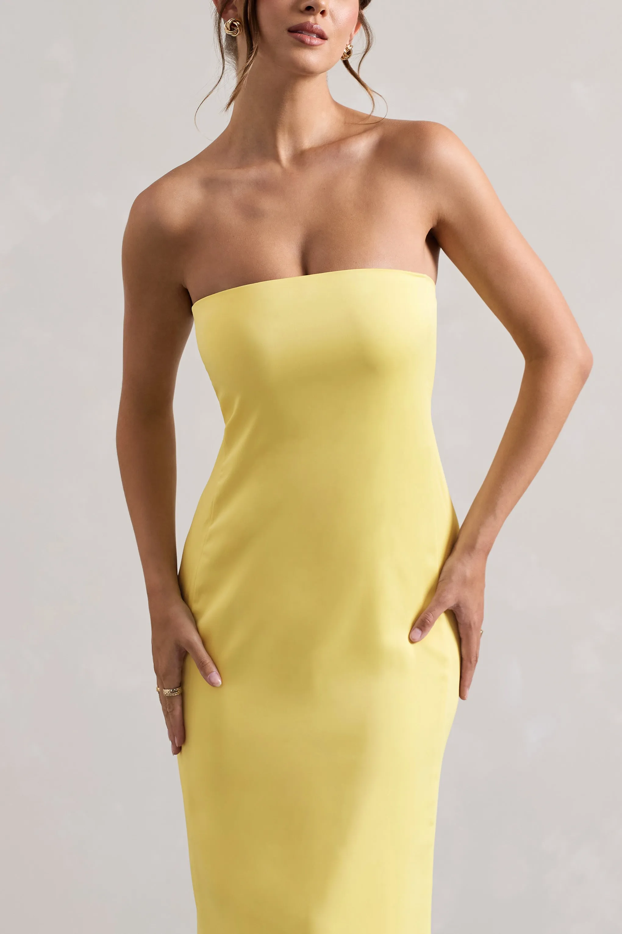 Azra | Lemon Satin Bandeau Maxi Dress sold by Club L London product image thumbnail 3