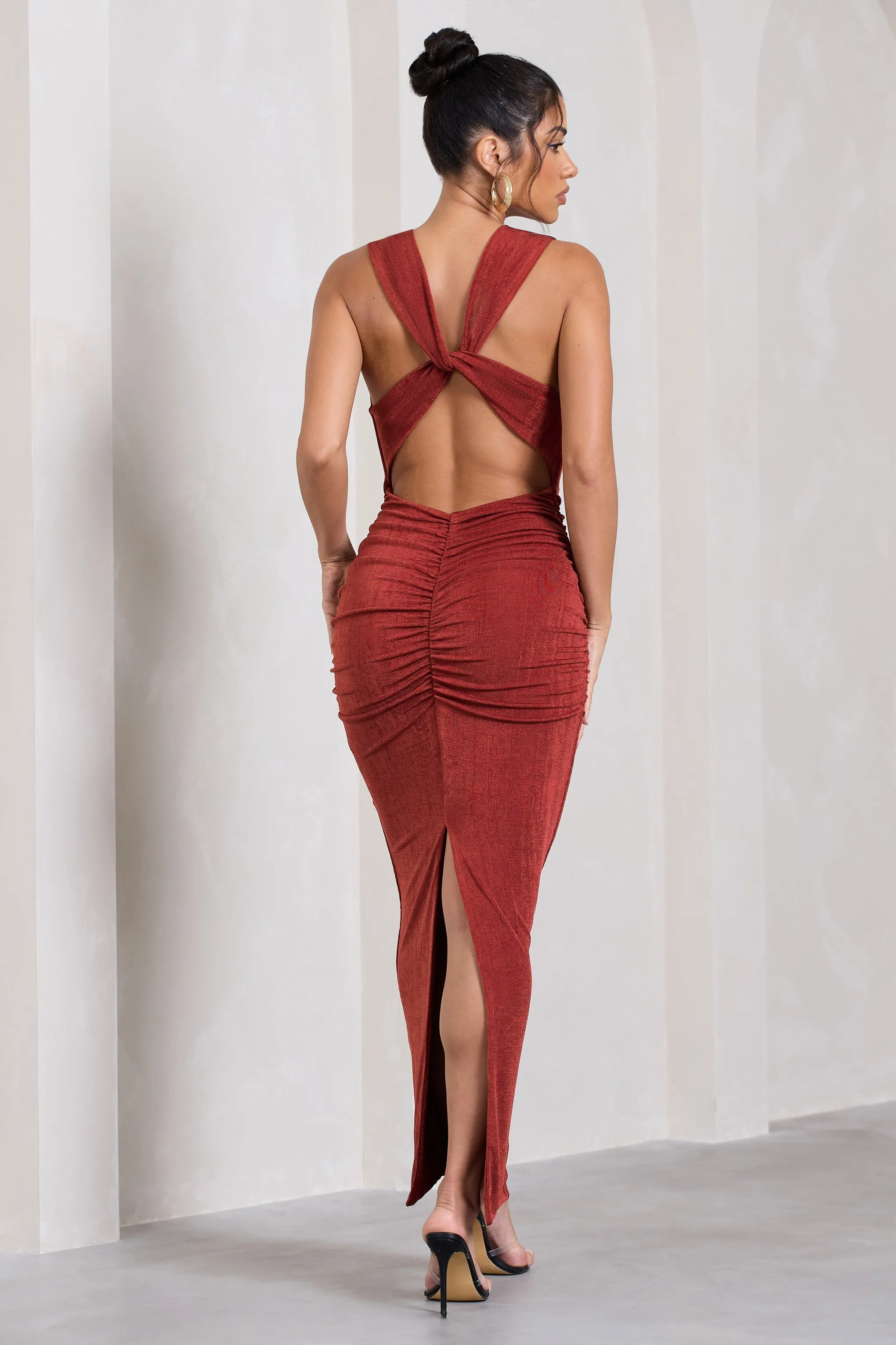 Finely Formed | Rust Red Ruched Cowl-Neck Bodycon Maxi Dress sold by Club L London product image thumbnail 4