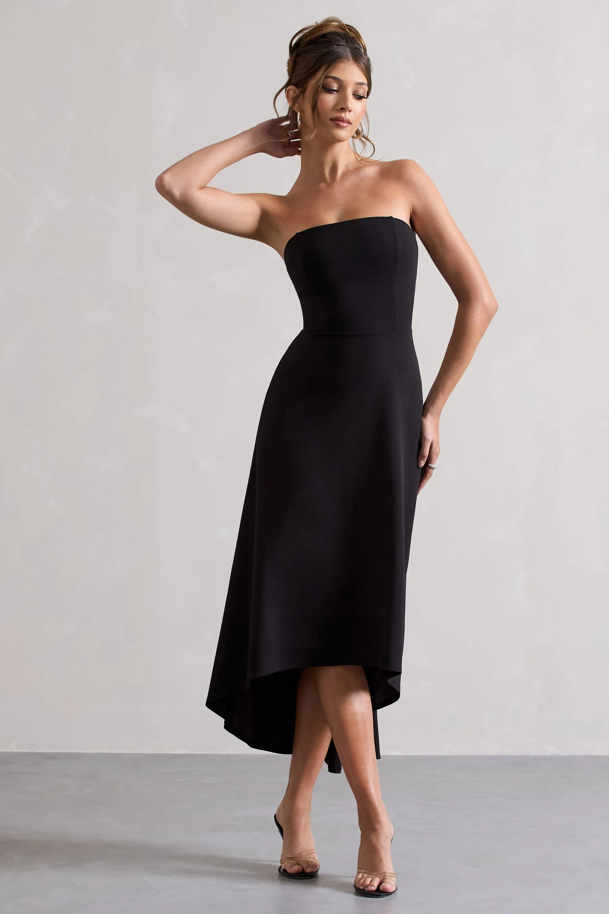 Ariela | Black Bandeau High-Low Midi Dress sold by Club L London