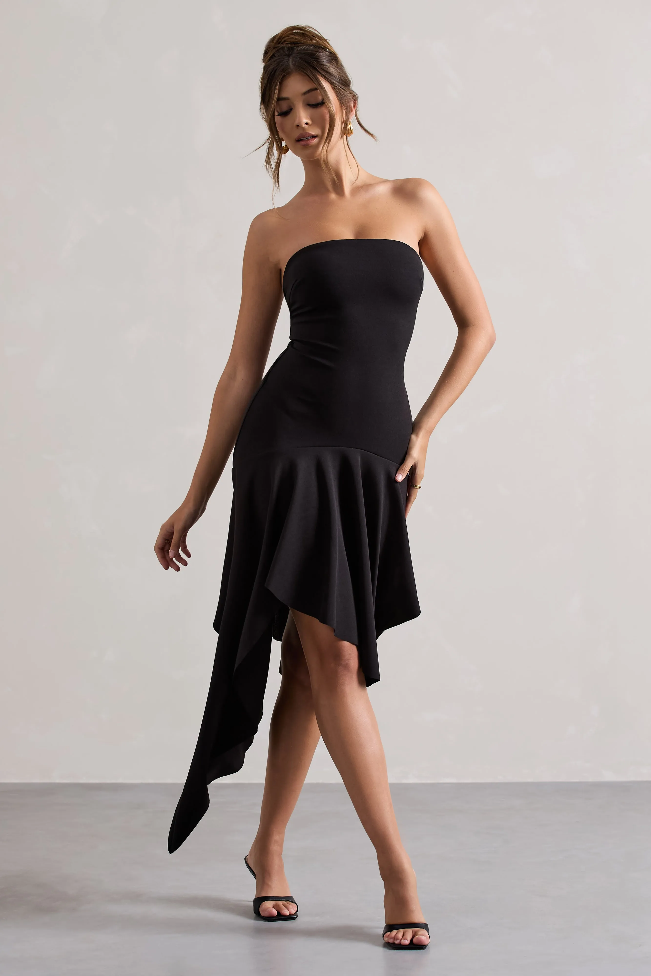 Catalina | Black Bandeau Maxi Dress With Draped Hem sold by Club L London
