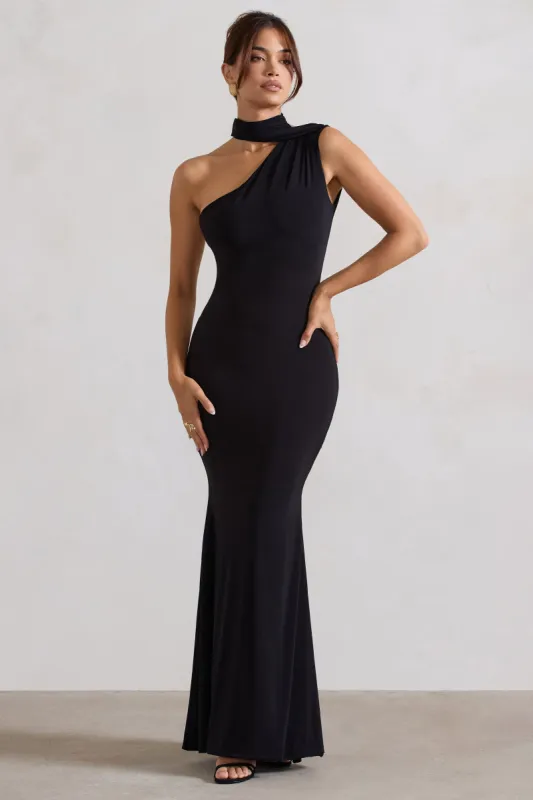 Capucine | Black One Shoulder Draped Maxi Dress sold by Club L London