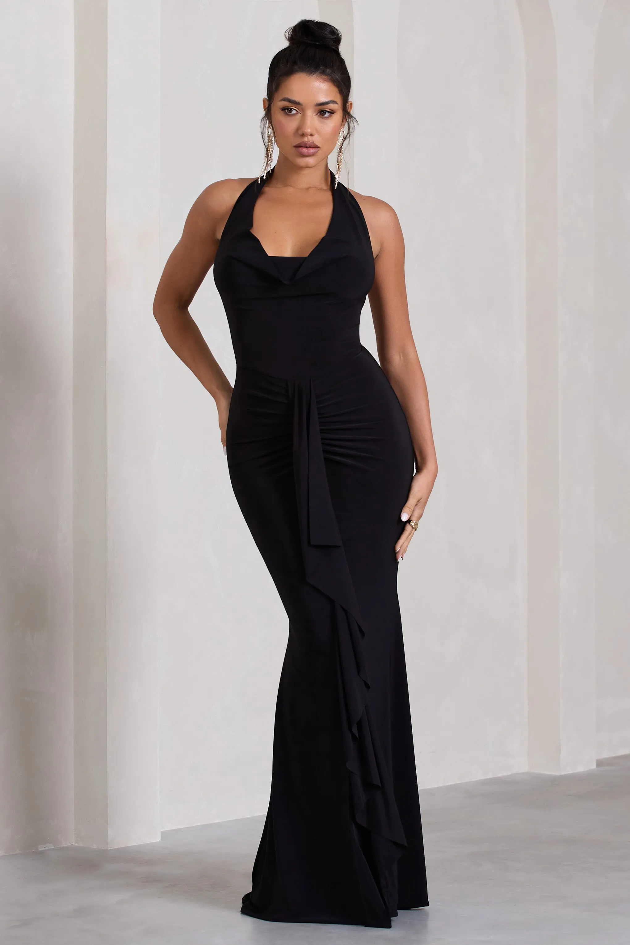 Kaia | Black Ruched Cowl-Neck Maxi Dress With Drape sold by Club L London