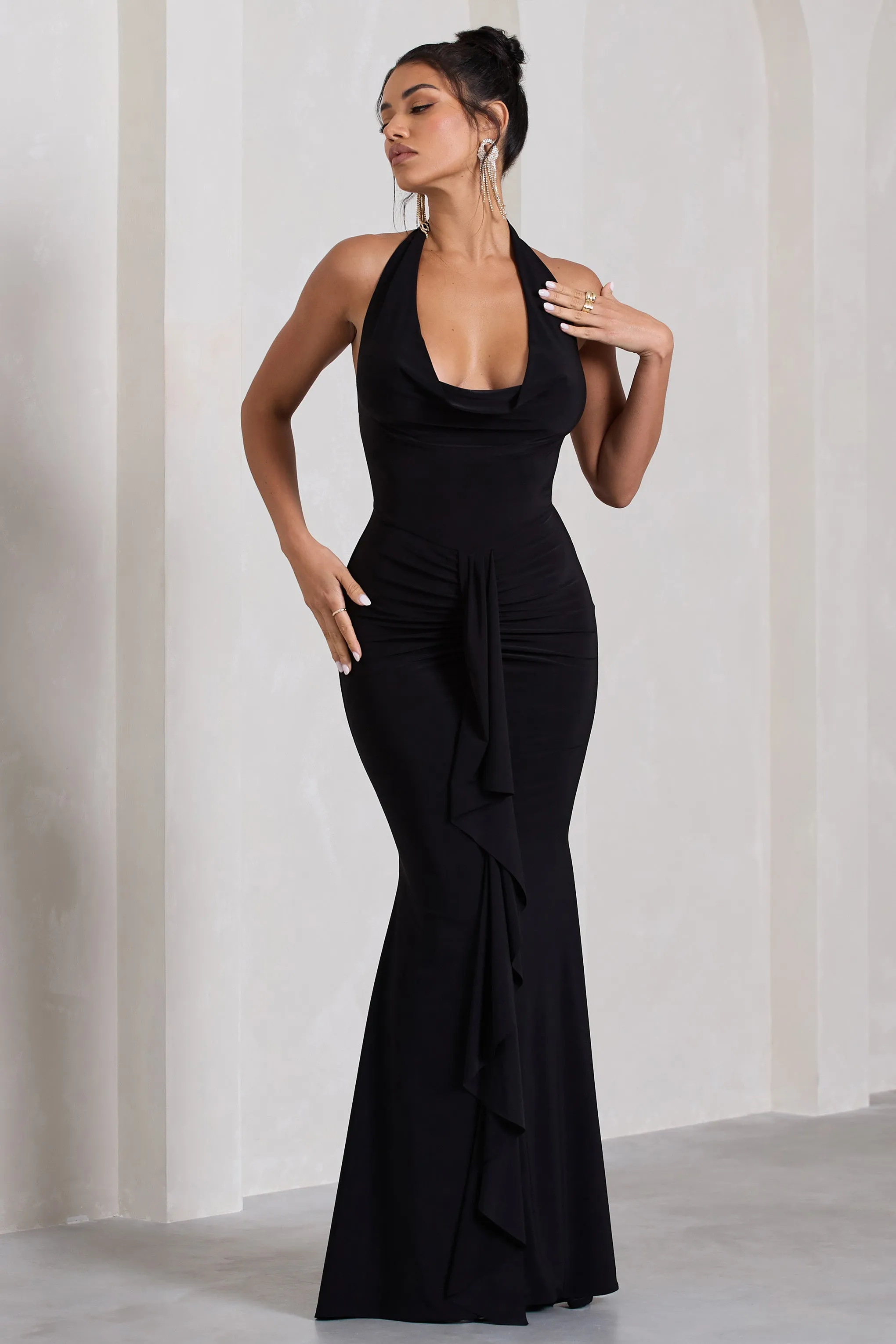 Kaia | Black Ruched Cowl-Neck Maxi Dress With Drape sold by Club L London product image thumbnail 4