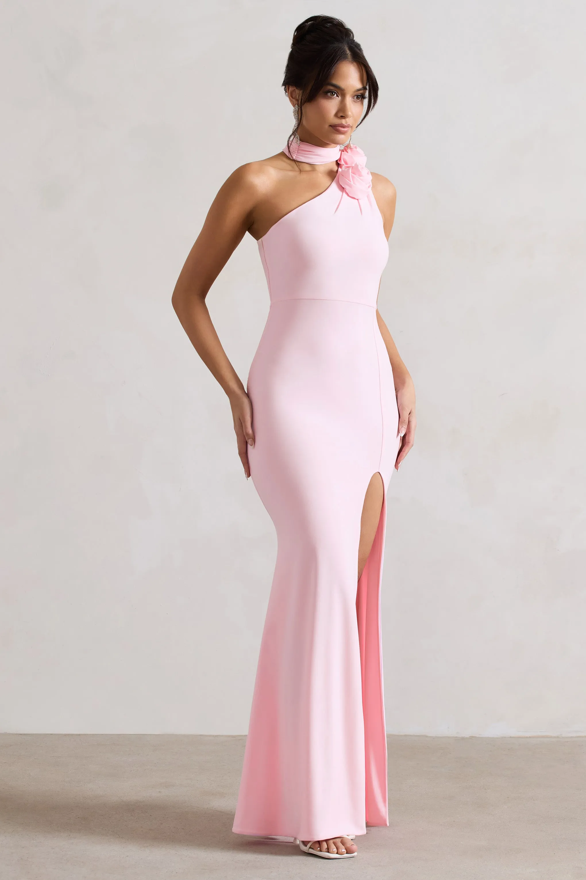 In Suspense | Pink One Shoulder Halter-Neck Split Maxi Dress With Flower sold by Club L London product image thumbnail 5