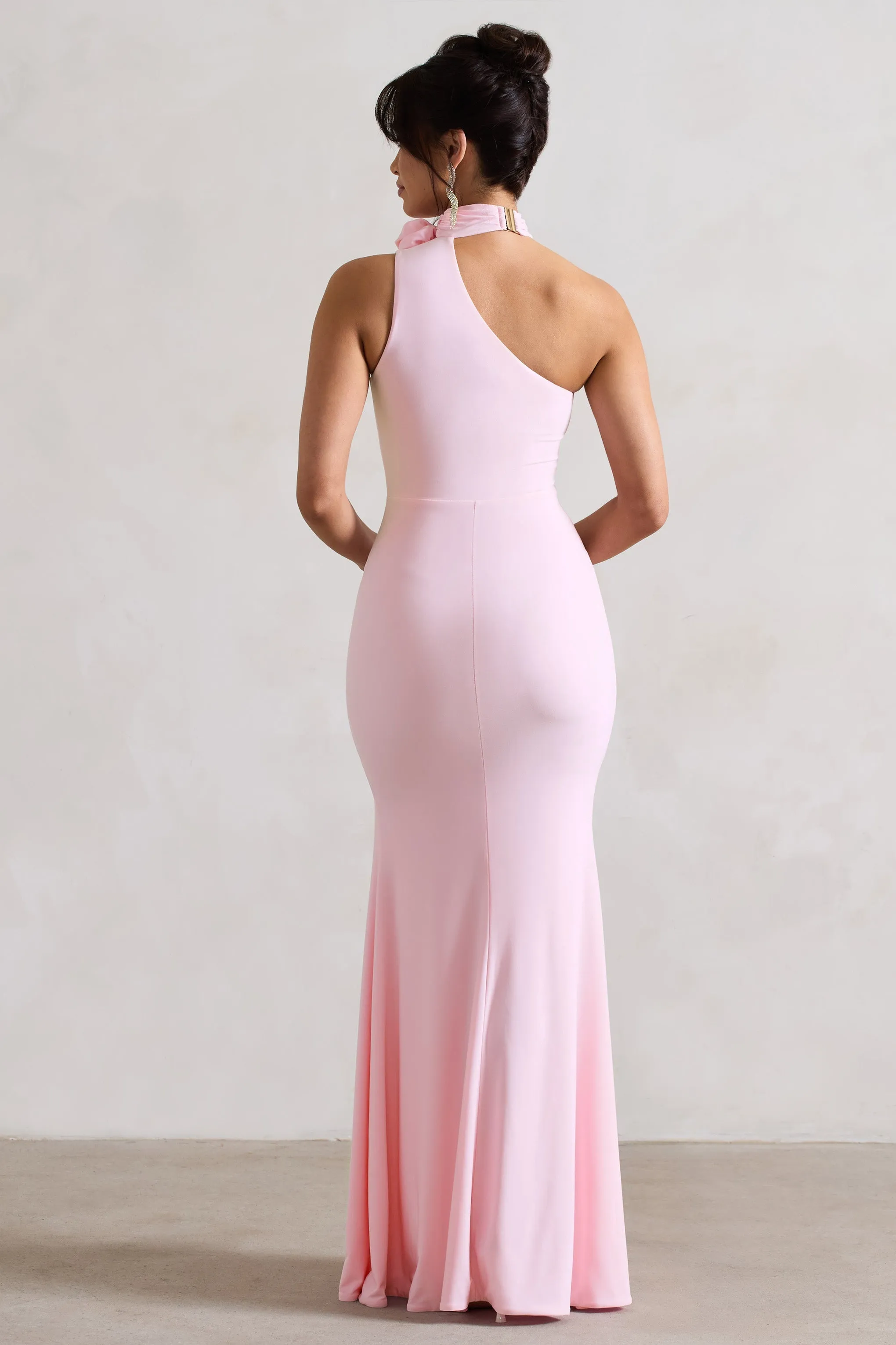 In Suspense | Pink One Shoulder Halter-Neck Split Maxi Dress With Flower sold by Club L London product image thumbnail 2