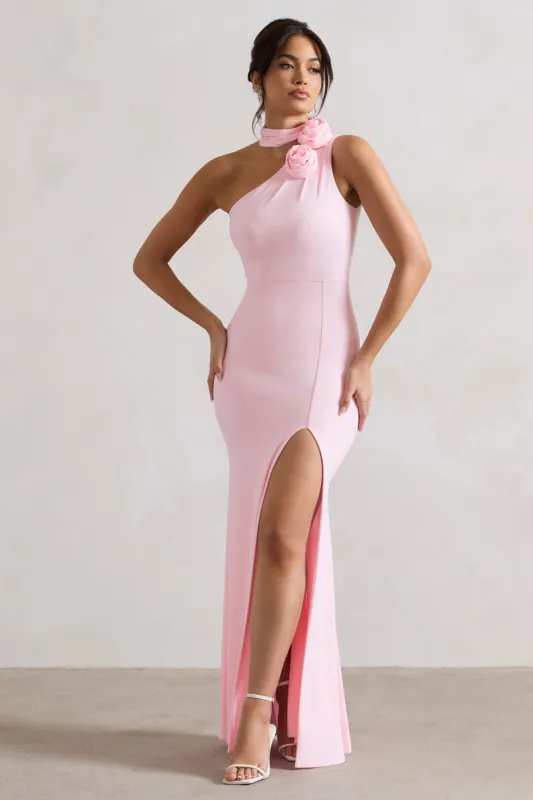 In Suspense | Pink One Shoulder Halter-Neck Split Maxi Dress With Flower sold by Club L London