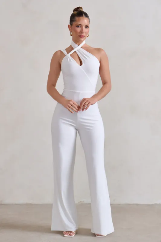Tilly | White Cut Out Halterneck Asymmetrical Jumpsuit sold by Club L London