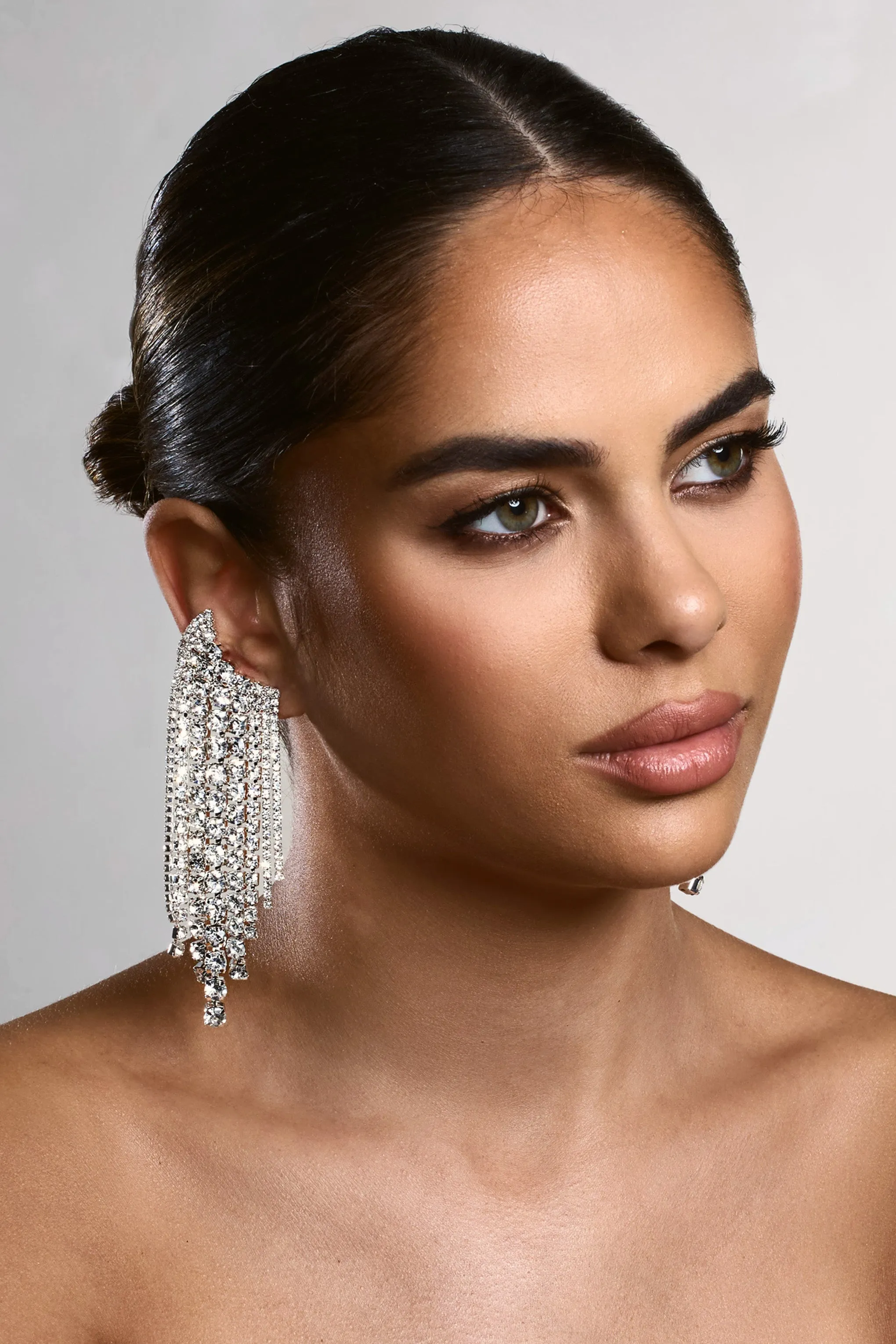 Christine | Silver Diamante Drop Earrings sold by Club L London product image thumbnail 4