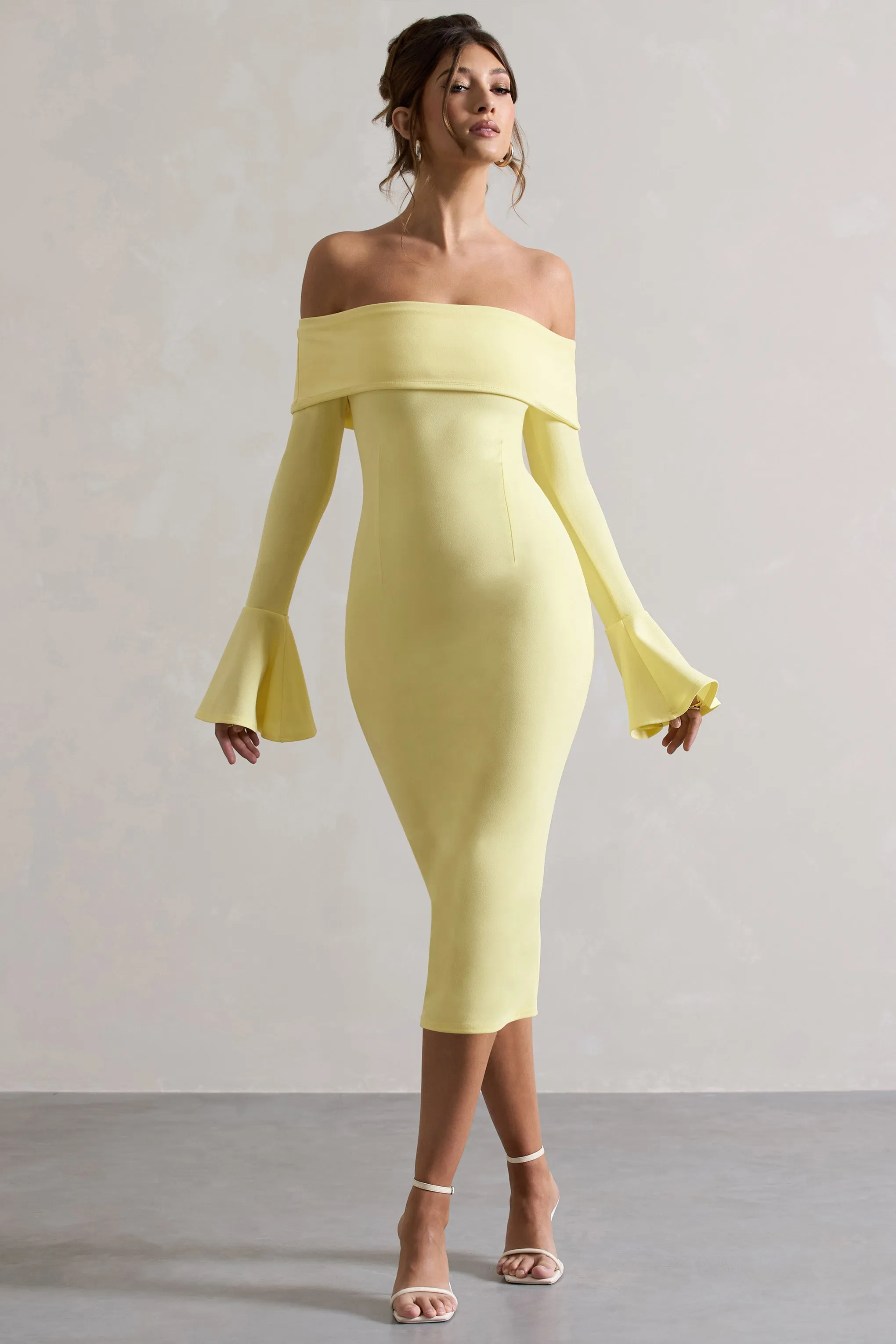 Emma | Lemon Bardot Flared-Sleeve Midi Dress sold by Club L London product image thumbnail 5