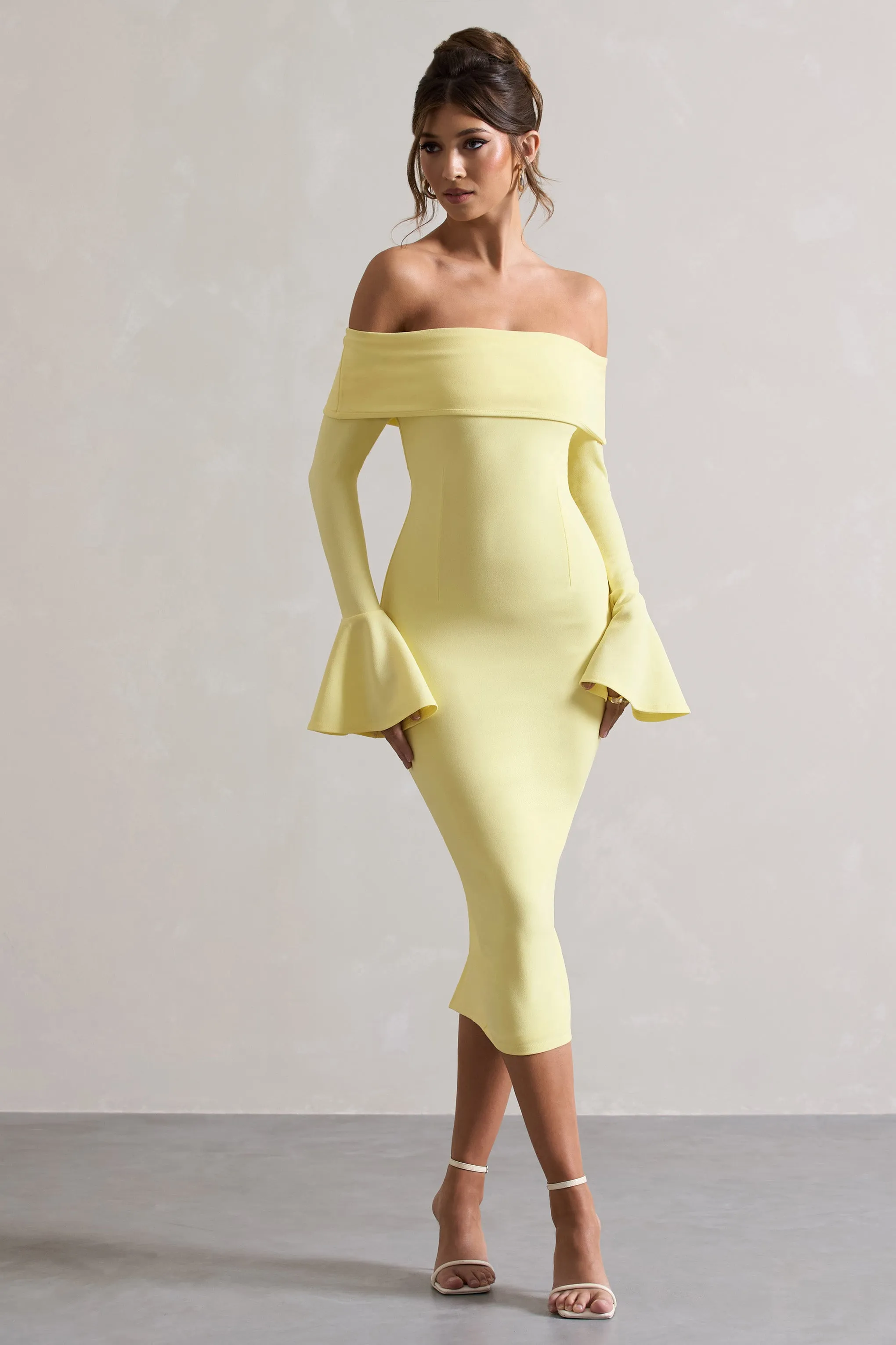 Emma | Lemon Bardot Flared-Sleeve Midi Dress sold by Club L London product image thumbnail 4