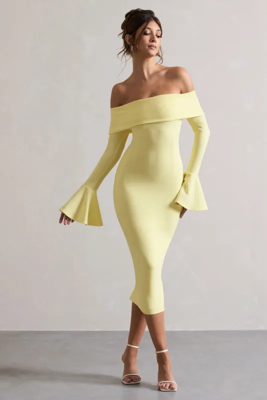 Emma | Lemon Bardot Flared-Sleeve Midi Dress sold by Club L London