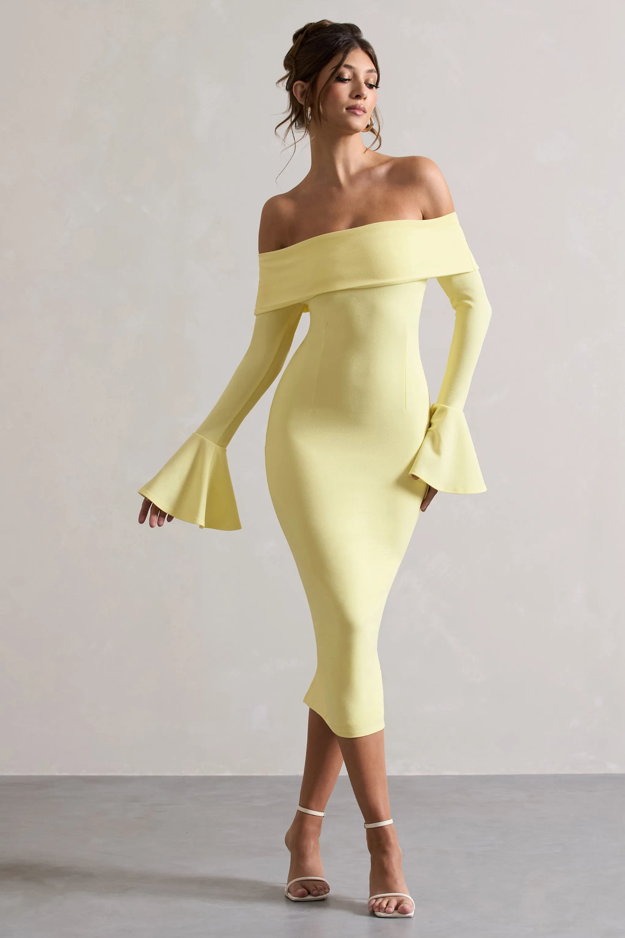 Emma | Lemon Bardot Flared-Sleeve Midi Dress sold by Club L London