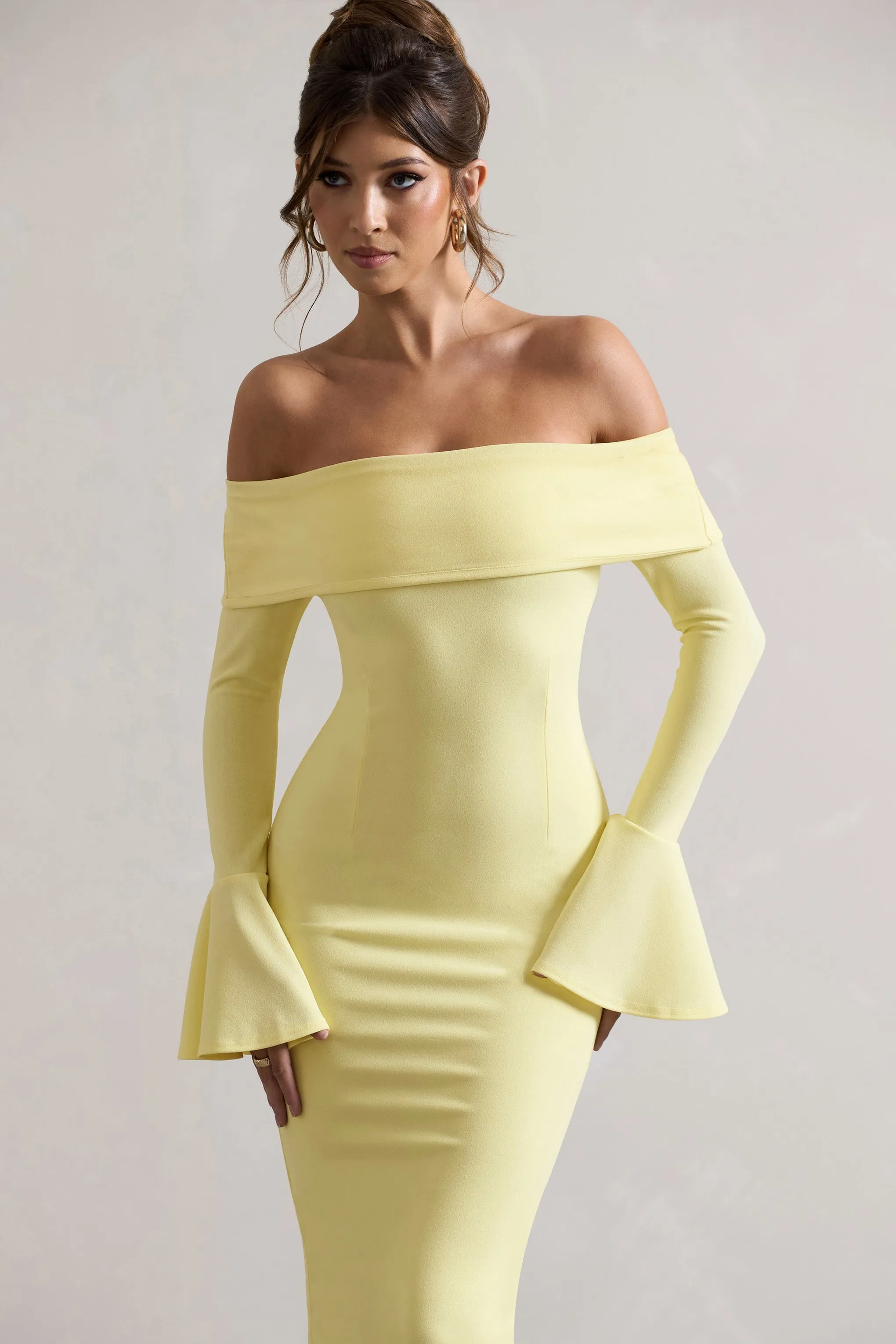 Emma | Lemon Bardot Flared-Sleeve Midi Dress sold by Club L London product image thumbnail 3