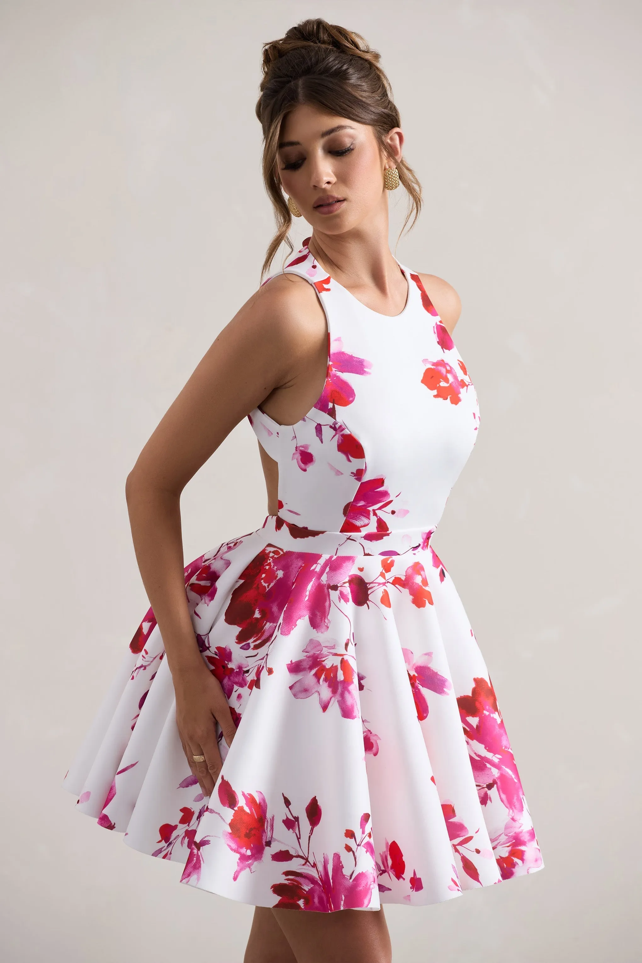 Waverly | Pink Floral Racer-Neck Sleeveless Skater Mini Dress sold by Club L London product image thumbnail 3