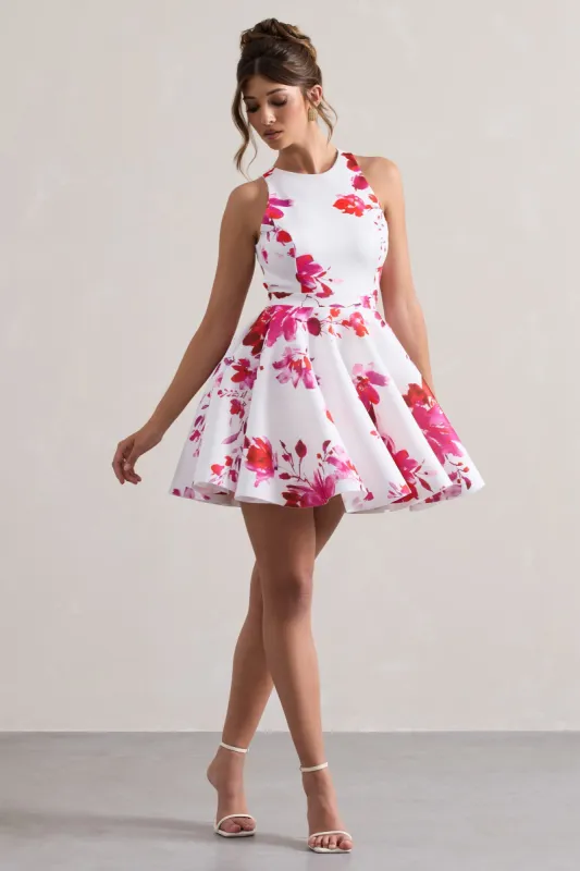Waverly | Pink Floral Racer-Neck Sleeveless Skater Mini Dress sold by Club L London