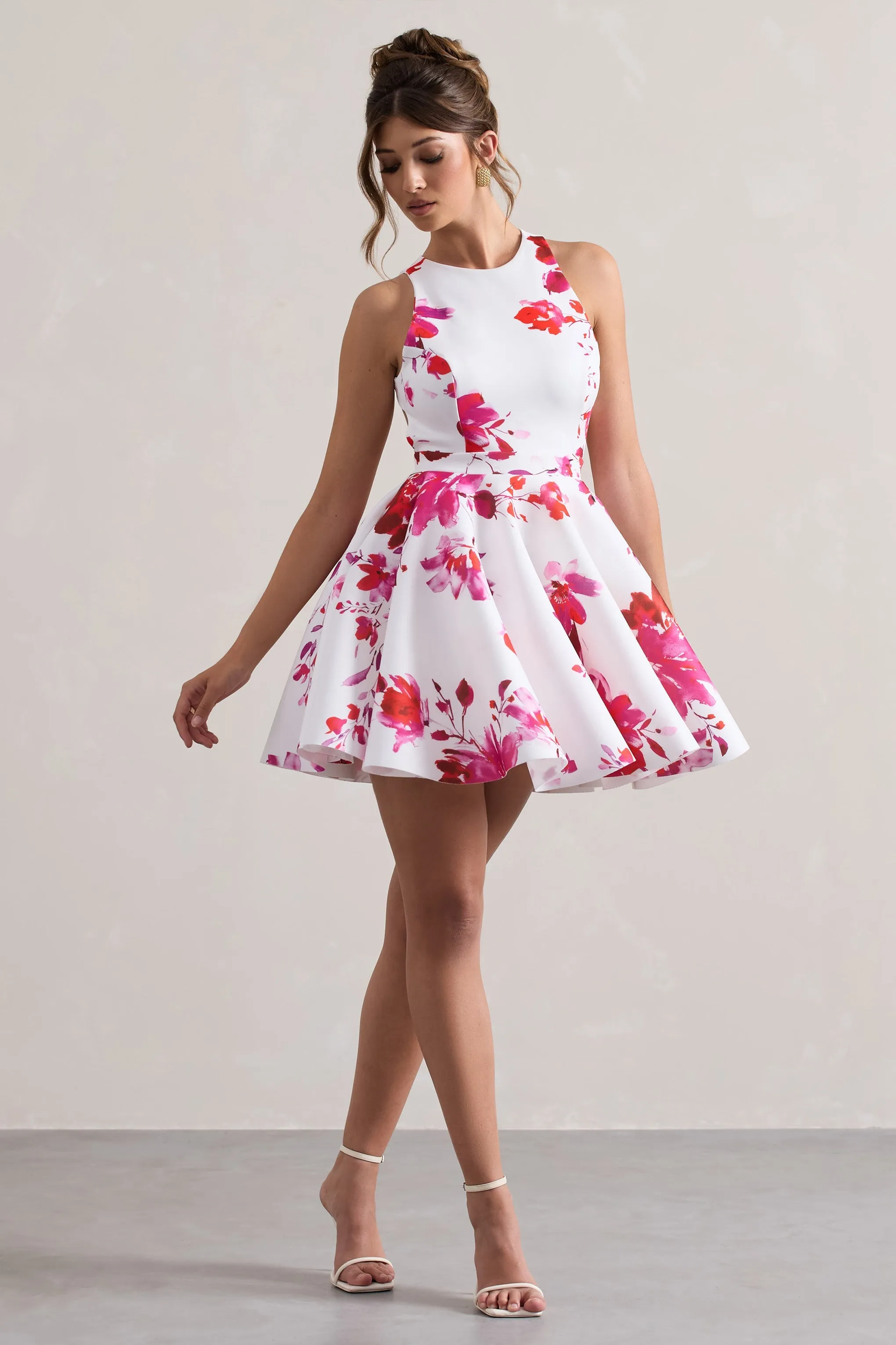 Waverly | Pink Floral Racer-Neck Sleeveless Skater Mini Dress sold by Club L London